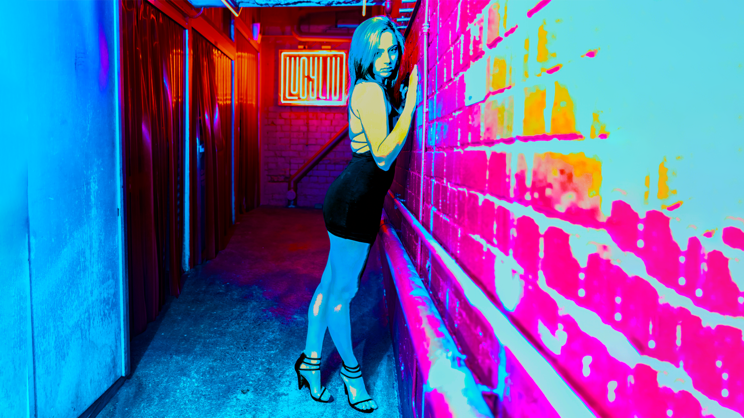 Urban photography series featuring neon pink and blue walls in a corridor setting.