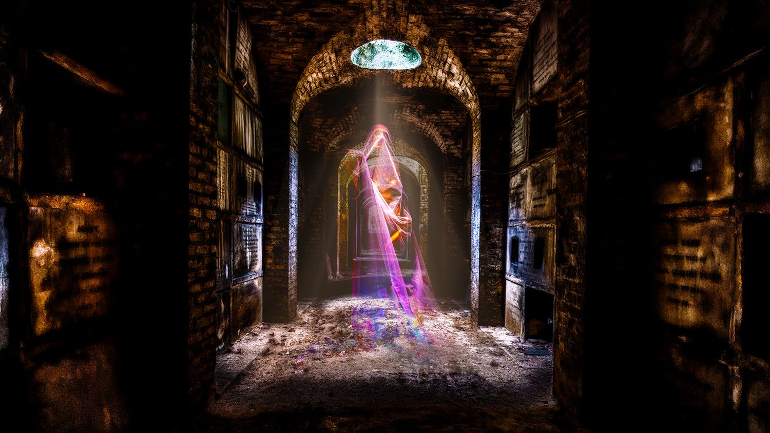 Atmospheric tunnel shots with glowing lights creating mysterious pathways.