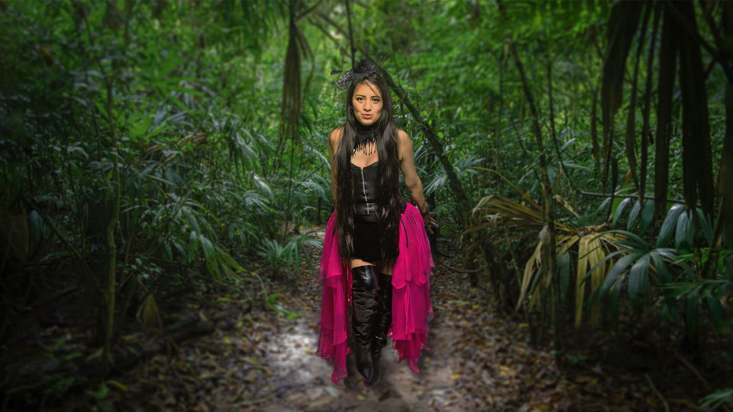 Fashion portraits in a lush forest setting with natural green surroundings.