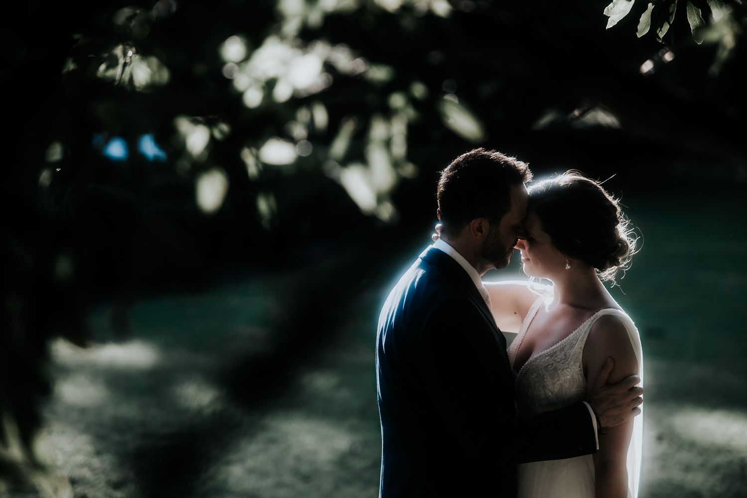 A romantic silhouette of a couple sharing an intimate moment in a sunlit garden with soft bokeh lighting effects.