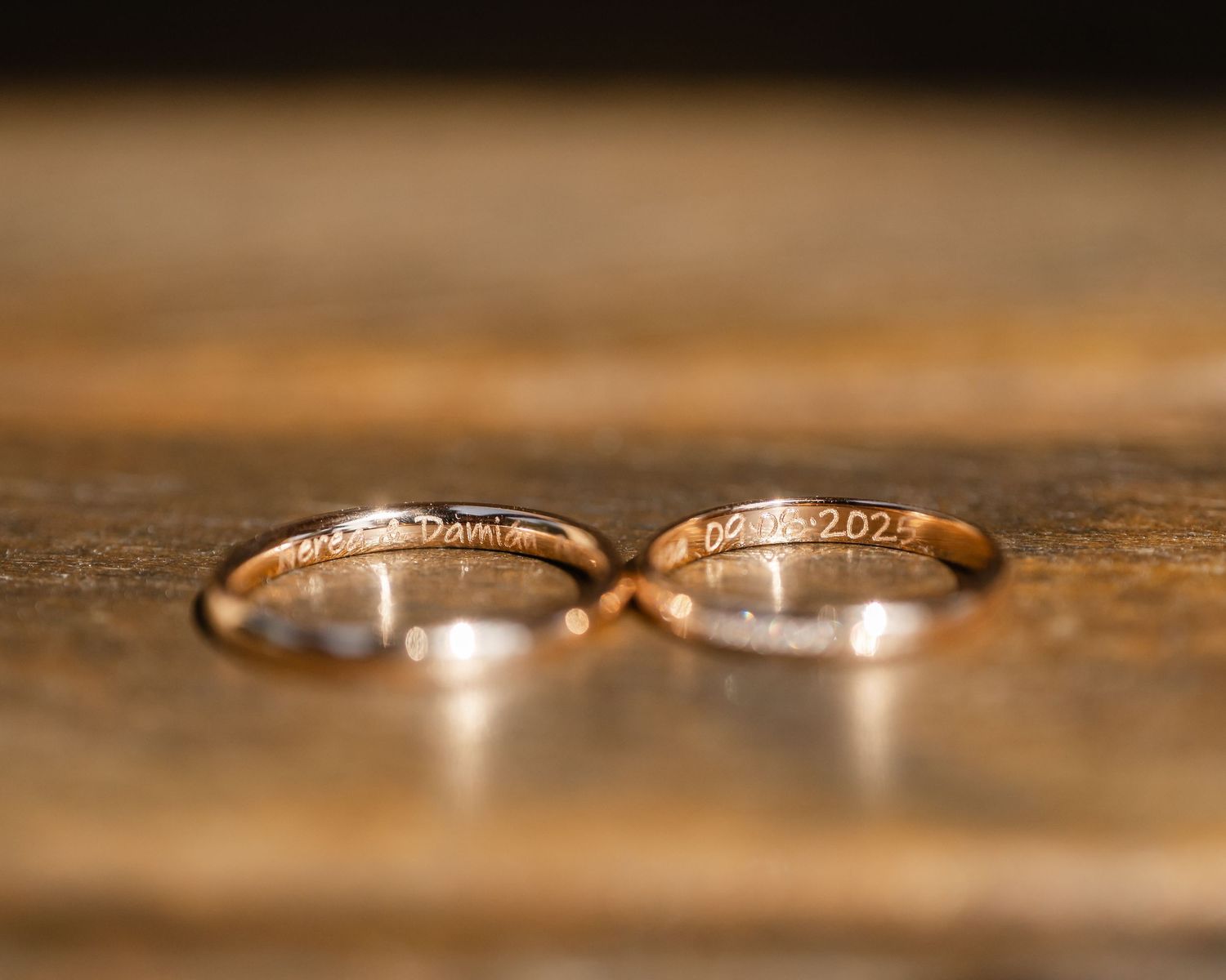 A macro photo sequence showing wedding rings with shallow depth of field on a wooden surface.