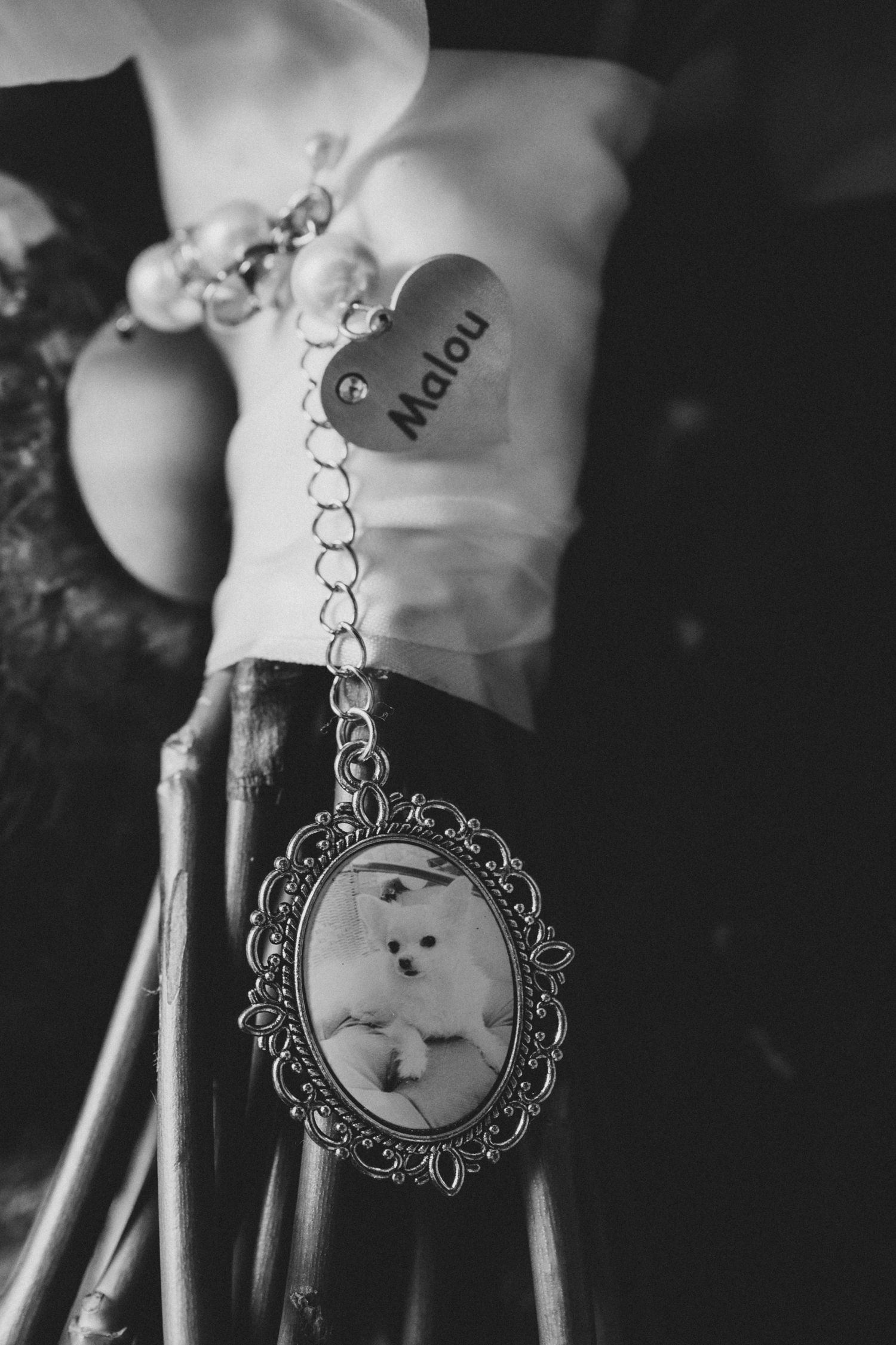 A black and white photo series showing a decorative pendant necklace with a cat design in an ornate silver setting.