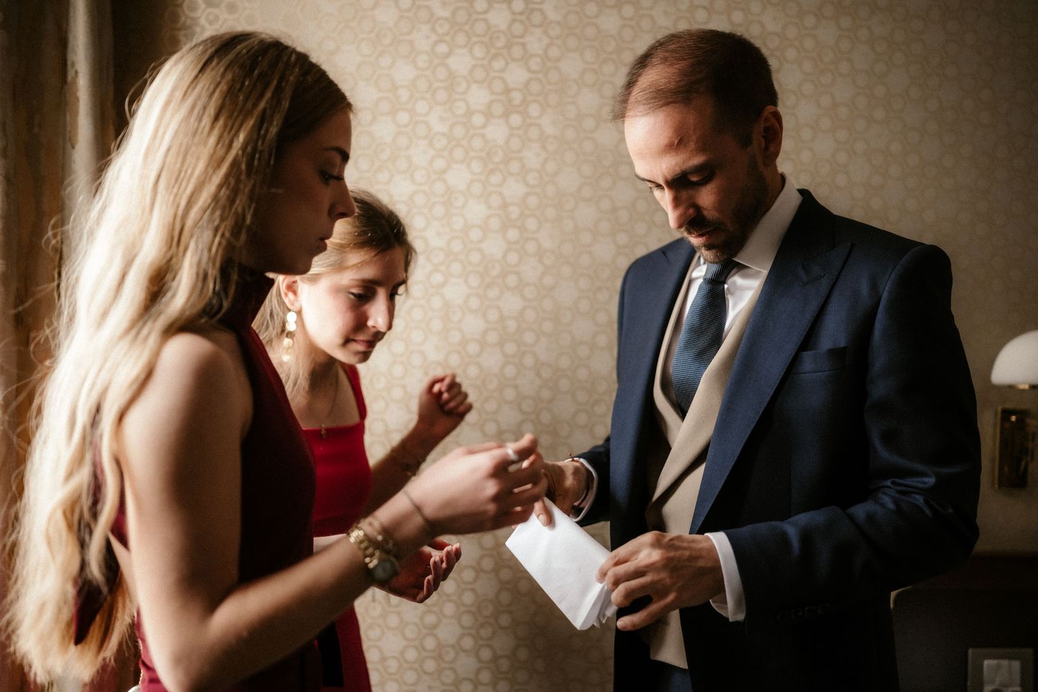 Sequence of romantic wedding photos showing couple drinking coffee together in warm lighting.