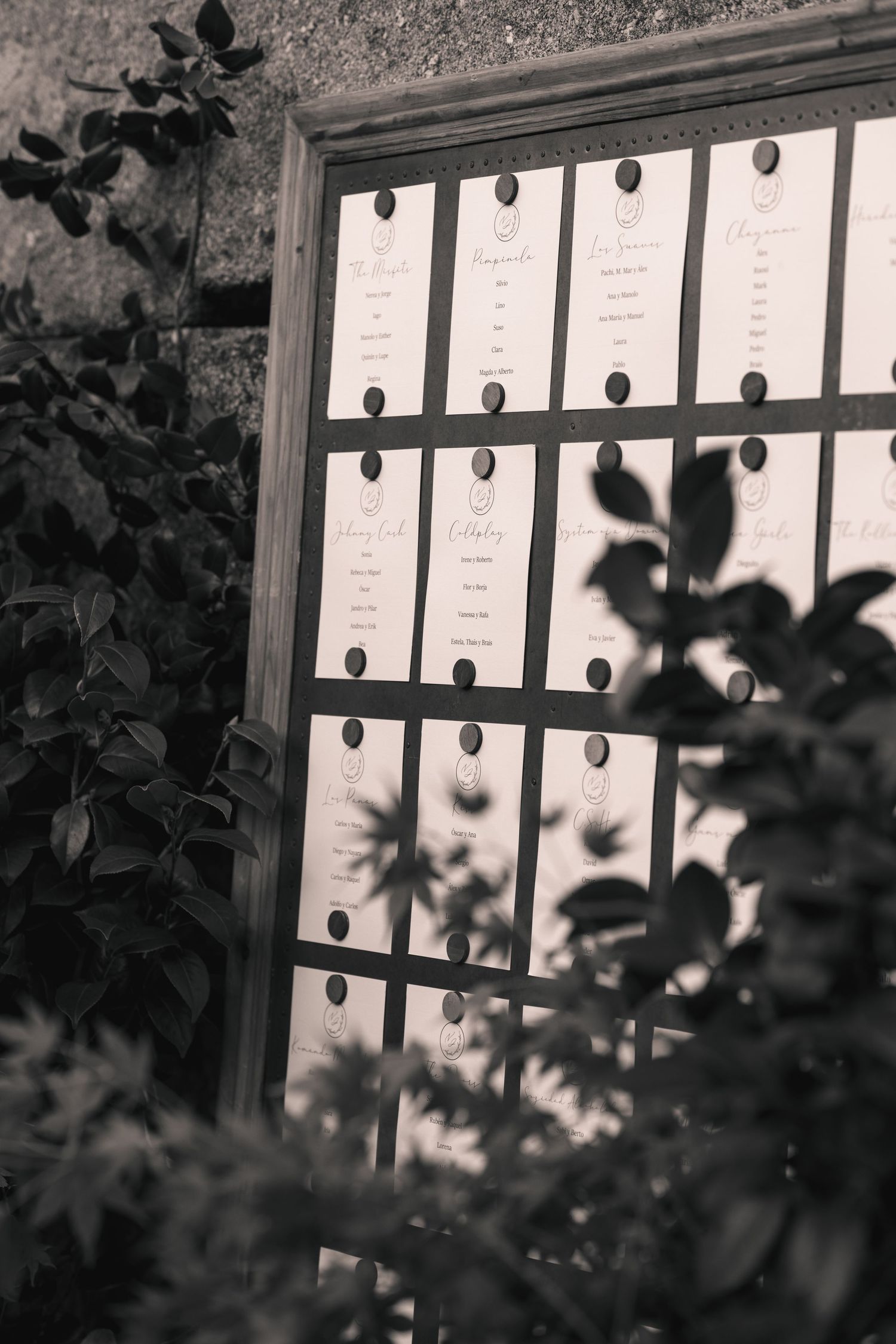 Black and white photograph showing window blinds with papers or documents hanging in rows, framed by dark silhouetted leaves.