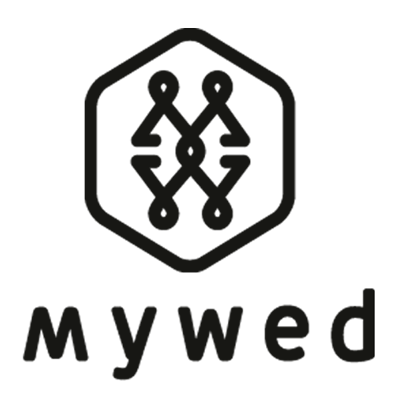 A minimalist black logo design featuring a symmetrical pattern inside a hexagon with 'MyWed' text underneath.