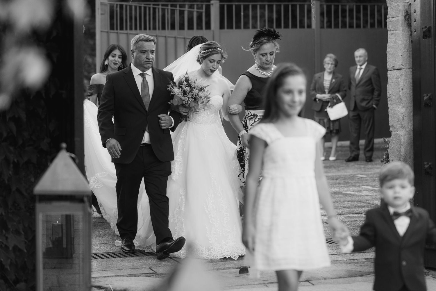A vintage black and white photo collage showing wedding party members and formal celebrations.