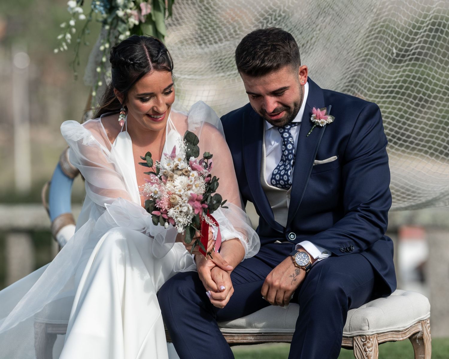 A series of romantic wedding photos showing couples sharing intimate moments on a bench outdoors.