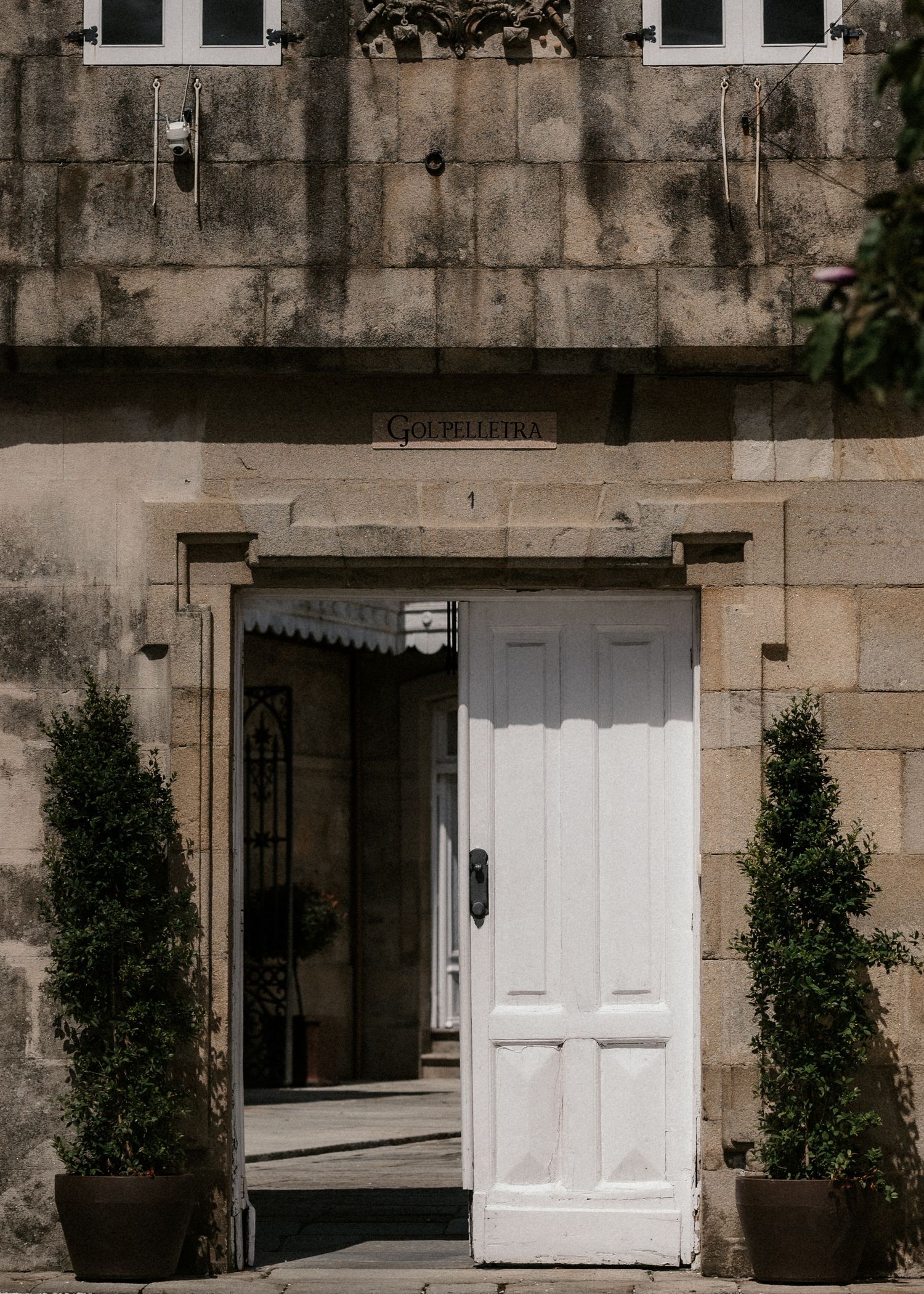 Row of white doors with small bushes along a stone building facade showing classic architectural details.
