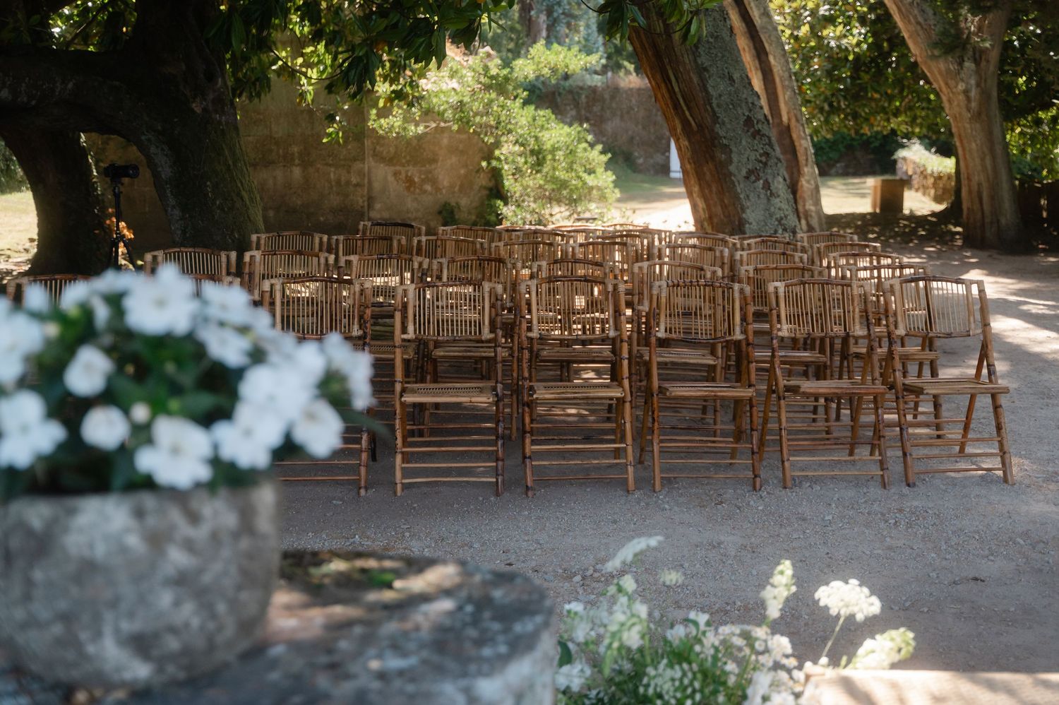 Wooden folding chairs arranged in rows under shady trees for an outdoor wedding ceremony.