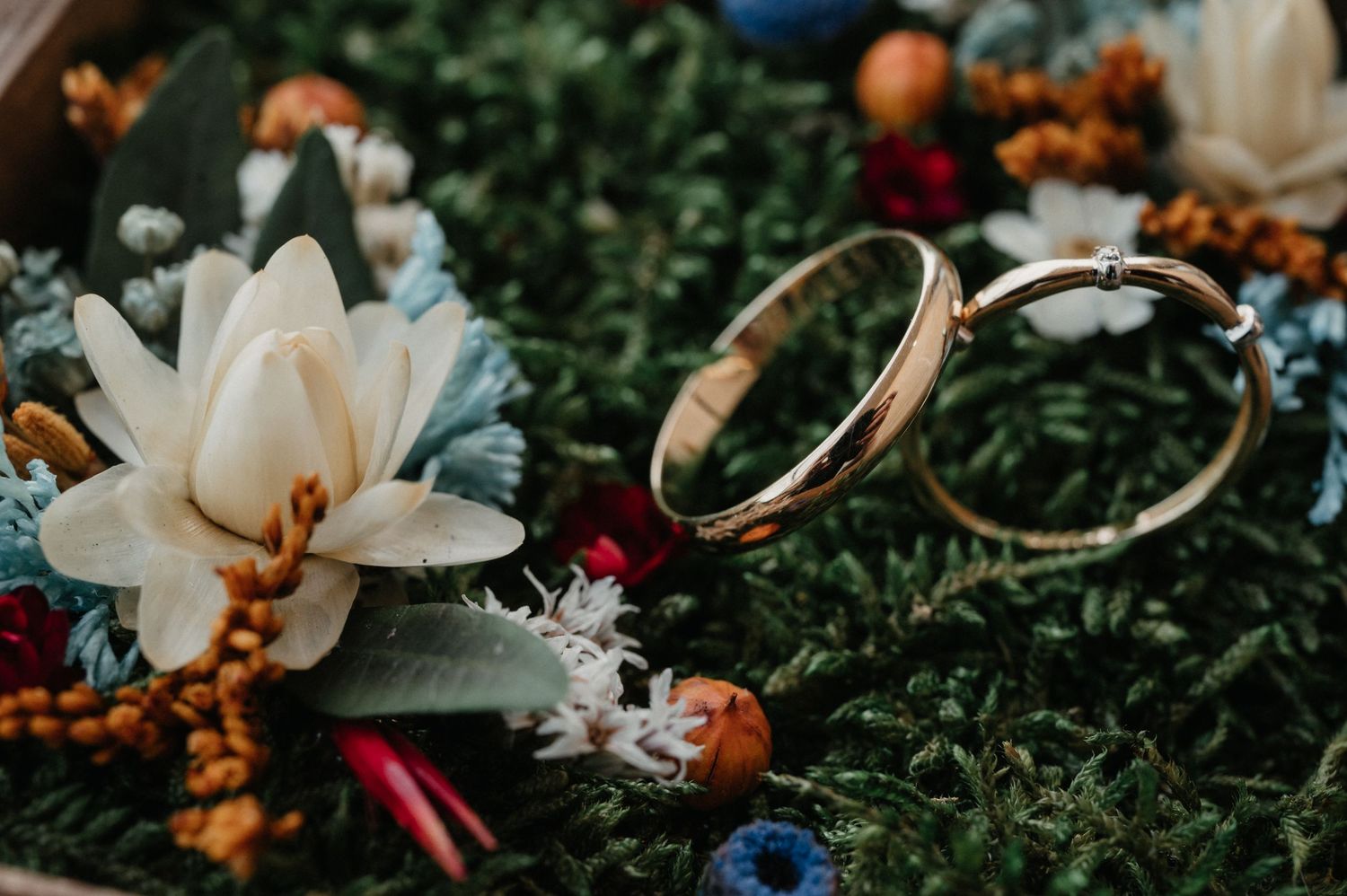 Wedding rings artistically arranged among delicate white flowers and greenery.