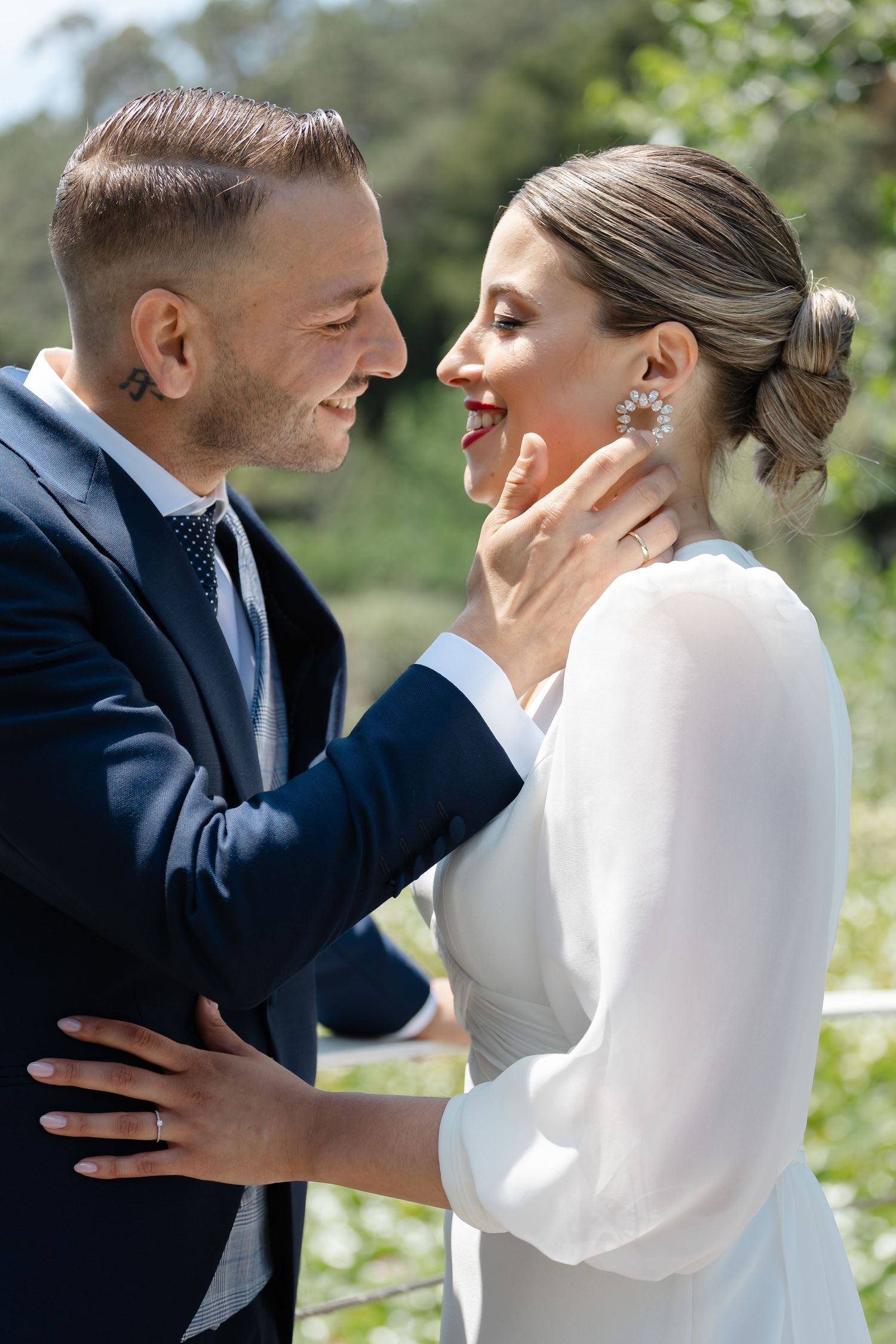 Romantic wedding couple in a garden setting share intimate moments in a sequence of candid photos.