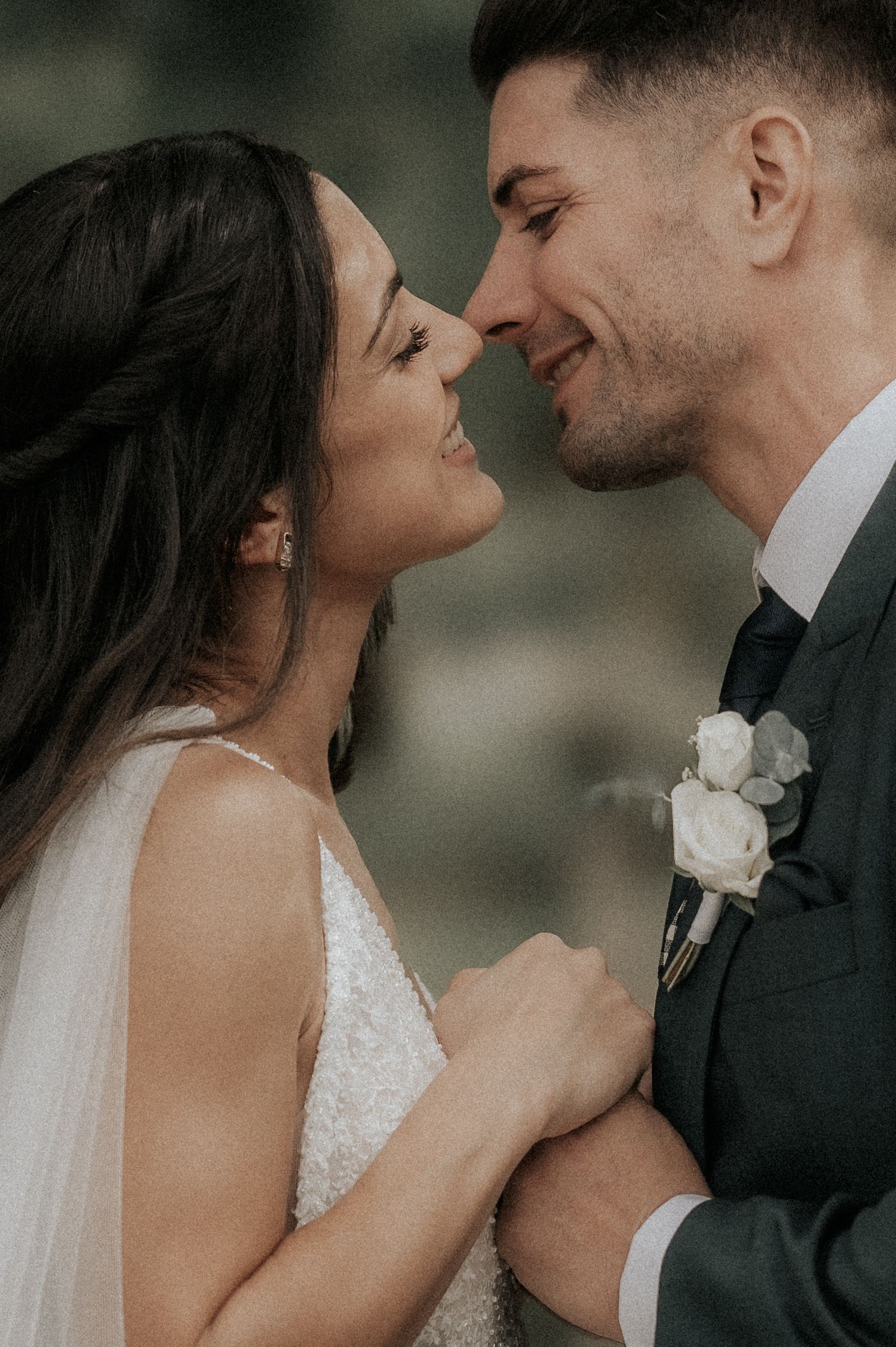 Intimate romantic moments captured in sequence between newlyweds in formal wedding attire.