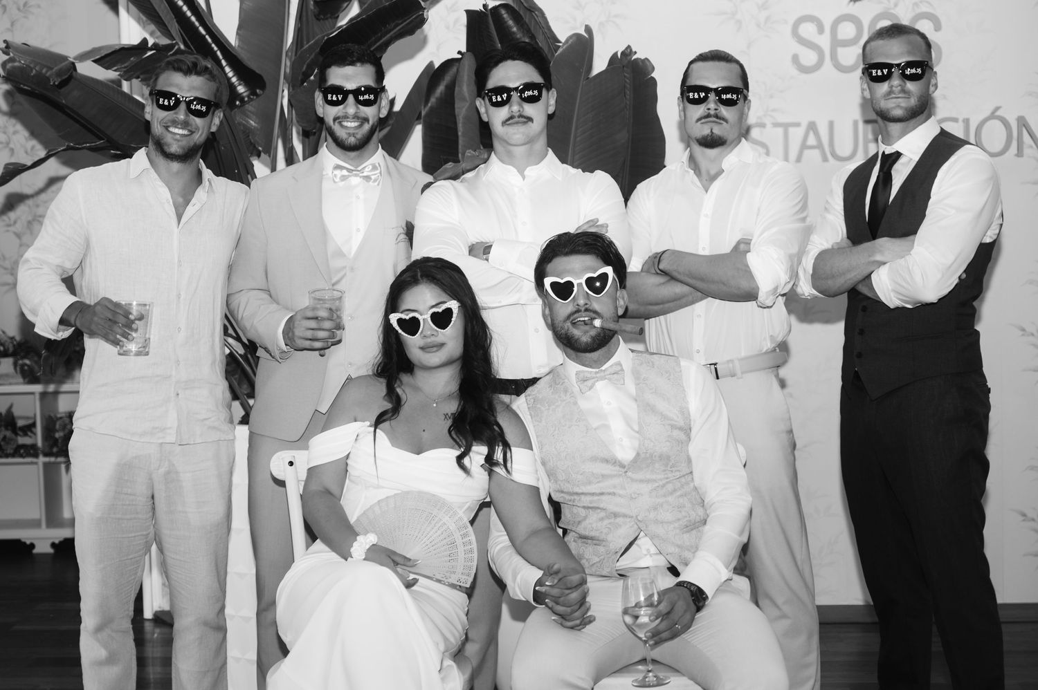 A collage of black and white photos showing people dressed in all white clothing at various social events.
