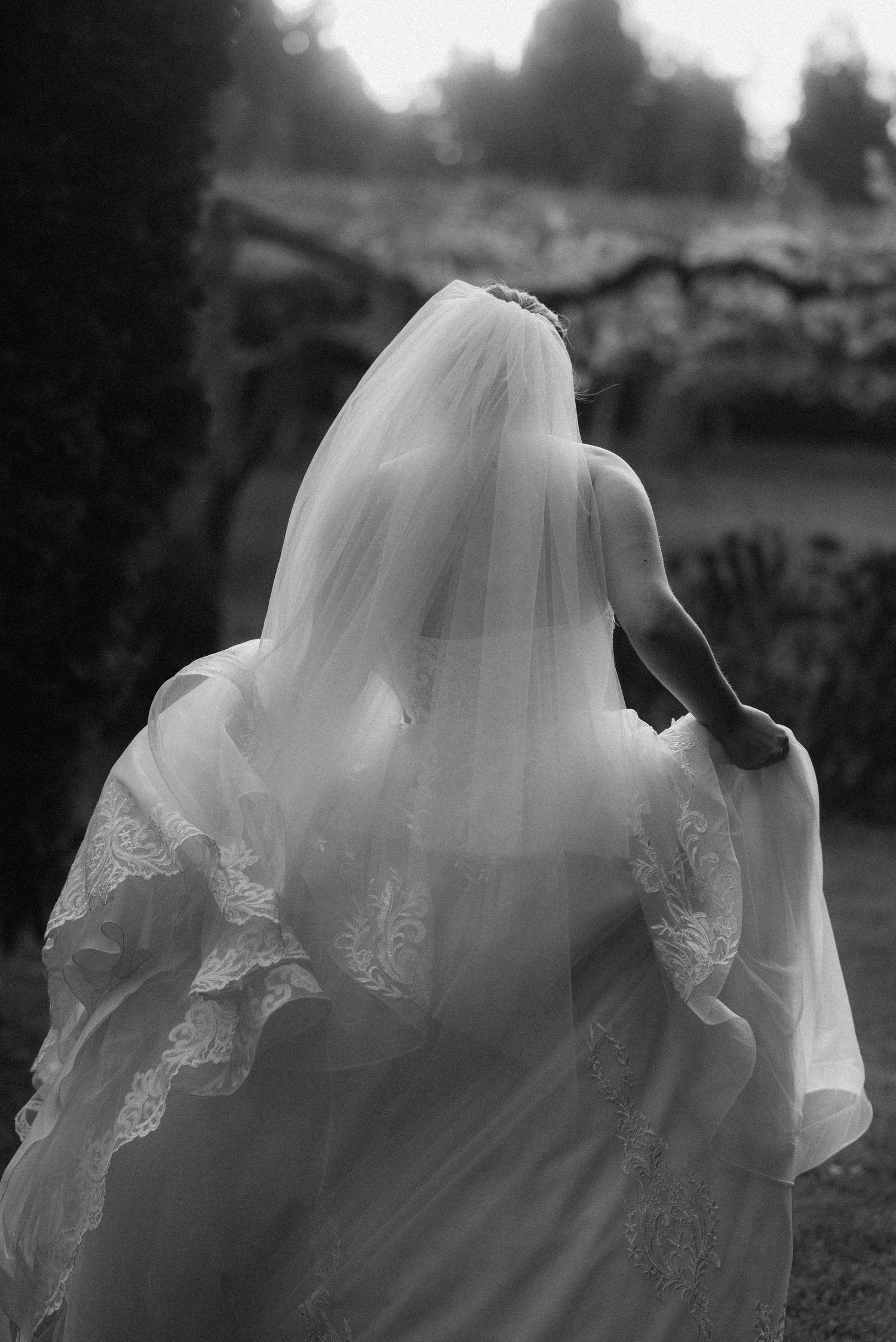 A black and white photo of a bride from behind, showing the intricate lace details and flowing veil of her wedding dress.