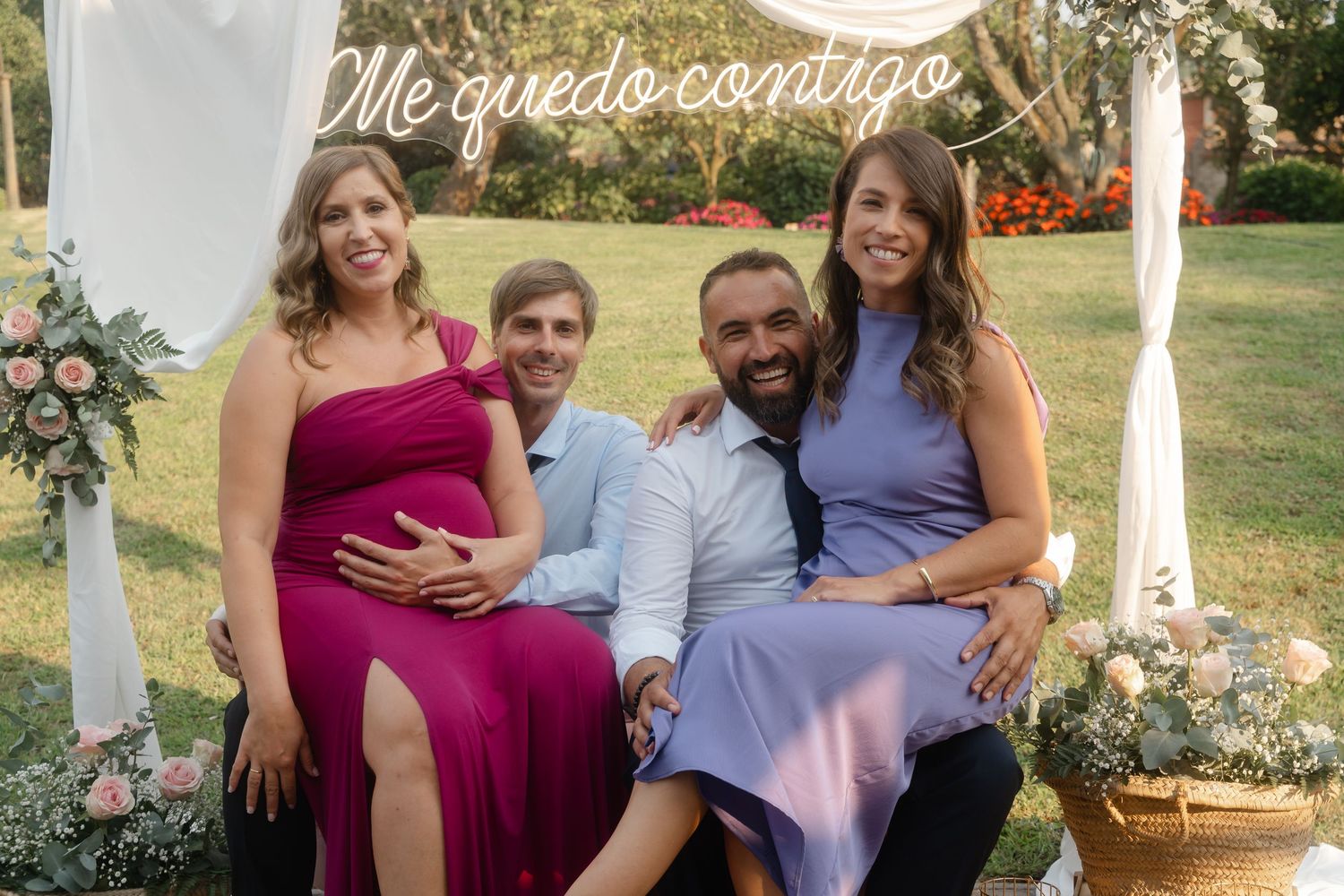 A collage of outdoor maternity photos featuring couples in casual attire posing together in natural settings.