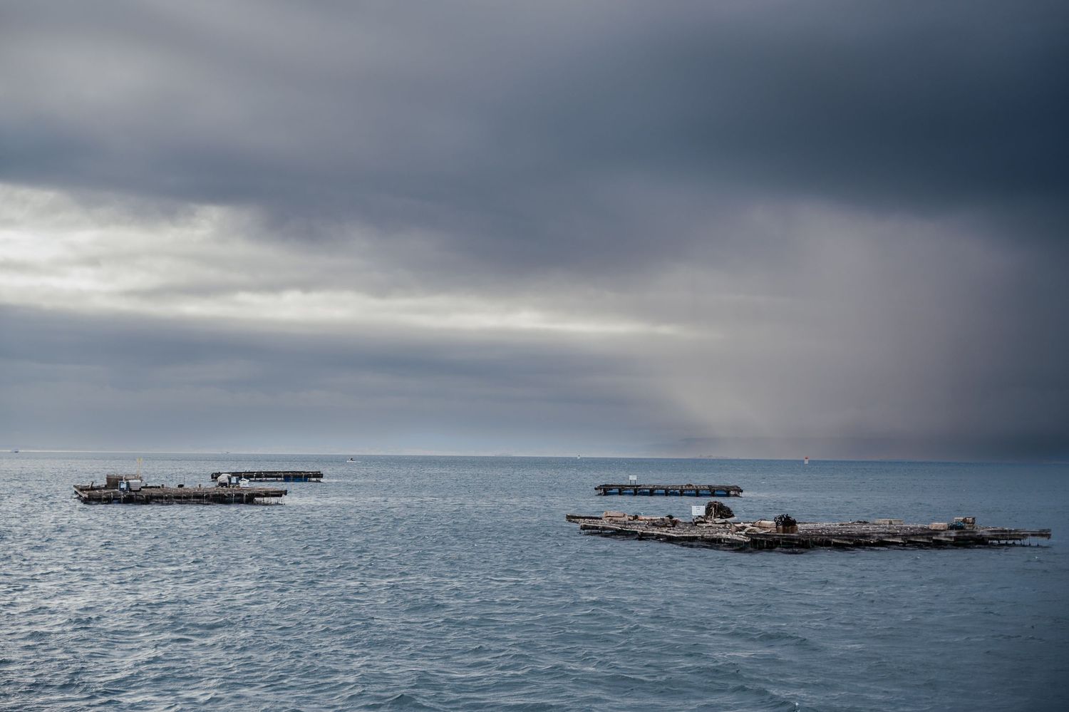 Dark stormy clouds loom over a calm ocean horizon with silhouettes of ships in the distance.