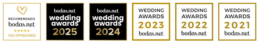 A row of wedding award badges and recognition icons displayed horizontally showing accolades from 2021 to 2025.