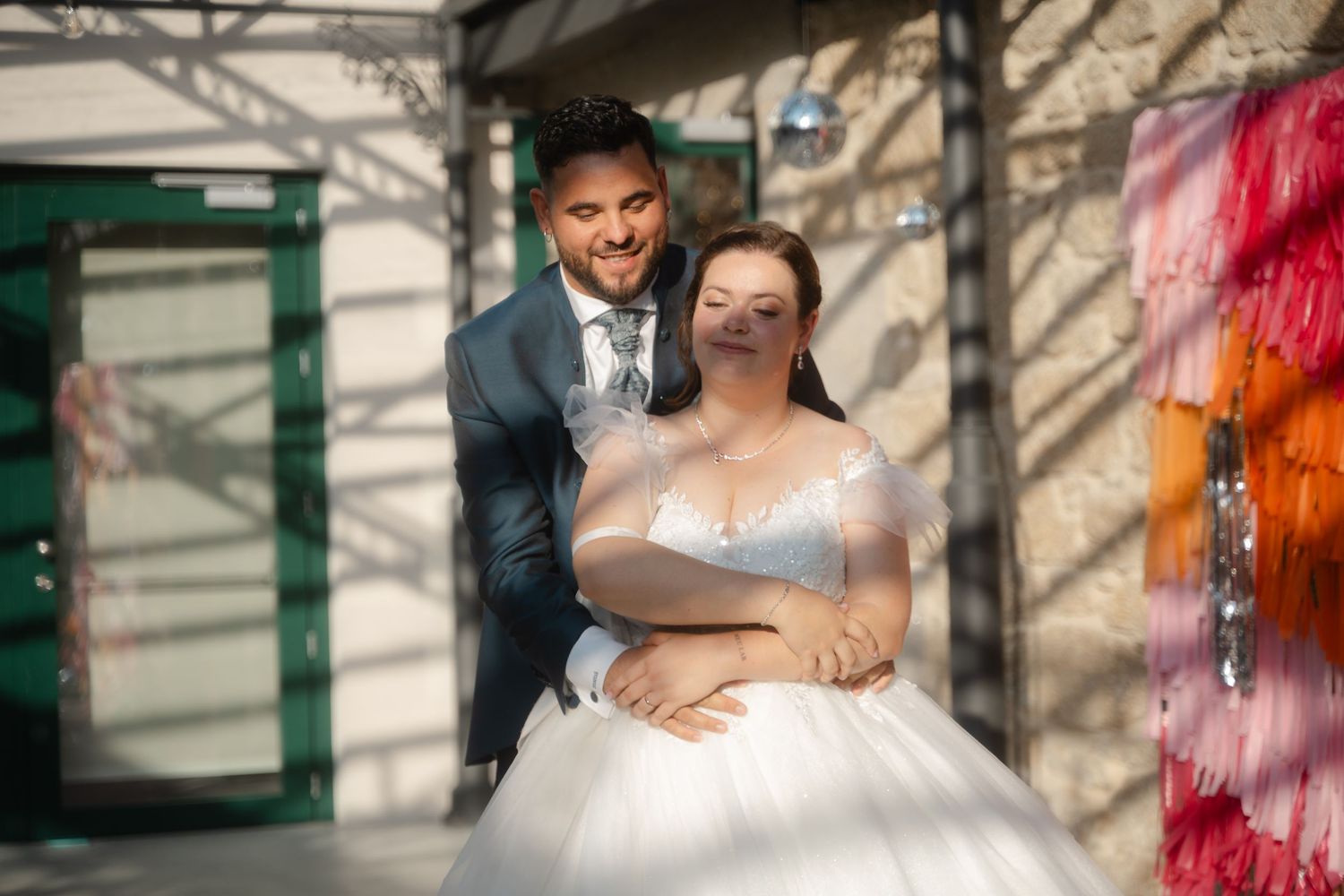 A romantic wedding photo collage showing tender moments between newlyweds in an outdoor setting with natural lighting.