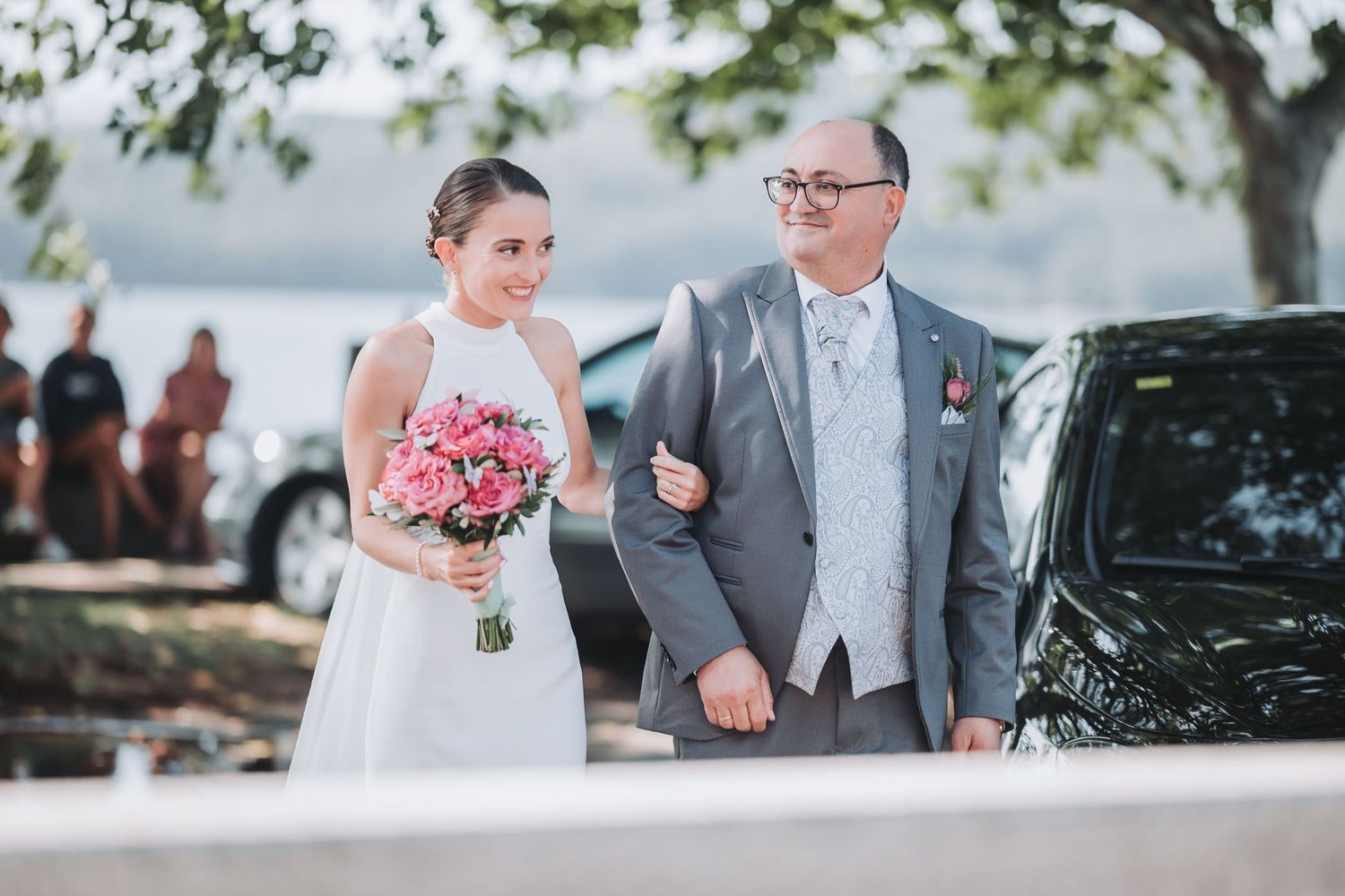 A romantic wedding photo collage showing couples in formal attire celebrating their special day outdoors by the water.