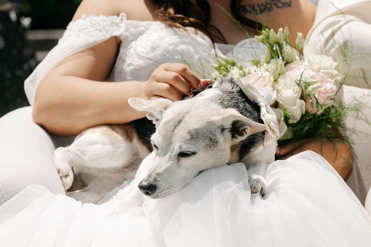 A white dog lies peacefully on a bed next to a bouquet of pink and white flowers.