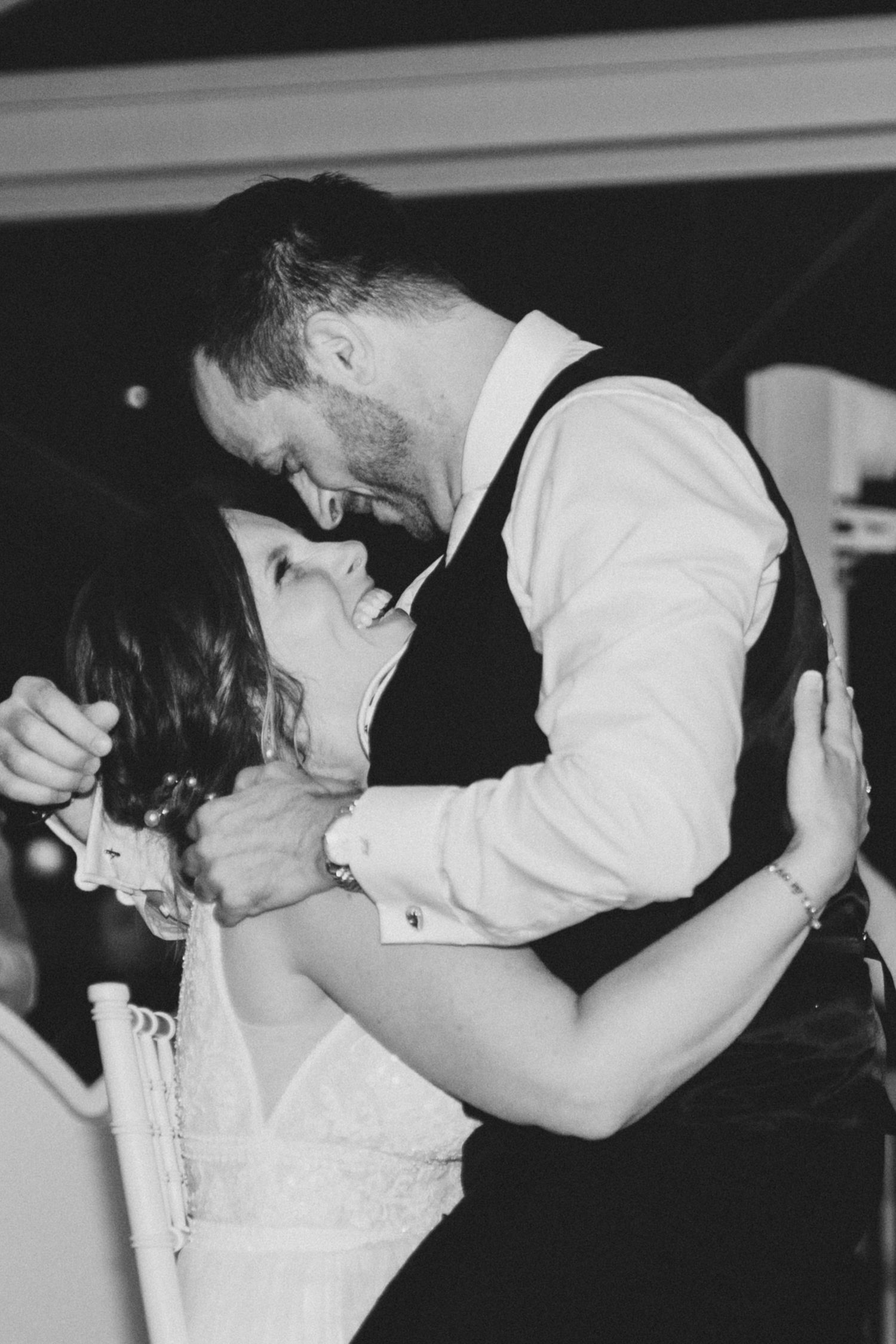 A romantic black and white photo sequence showing a couple dancing and dipping during a dance move.