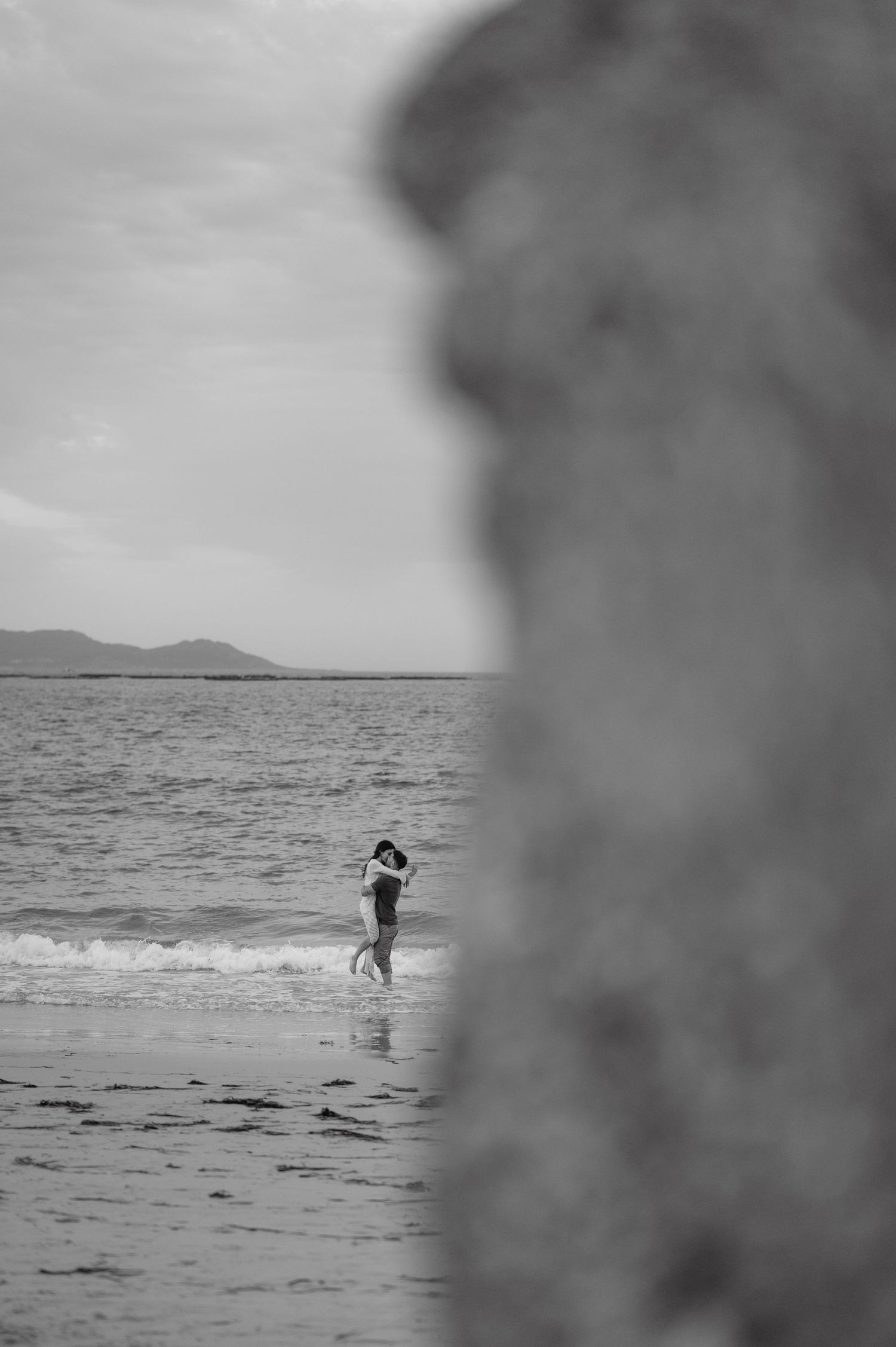 A dog runs playfully along a misty beach shoreline in black and white photography.