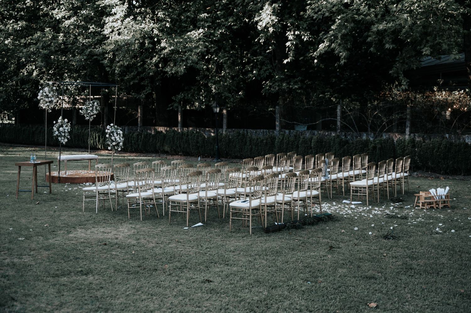 Rows of white chairs set up for an outdoor wedding ceremony with trees in the background.