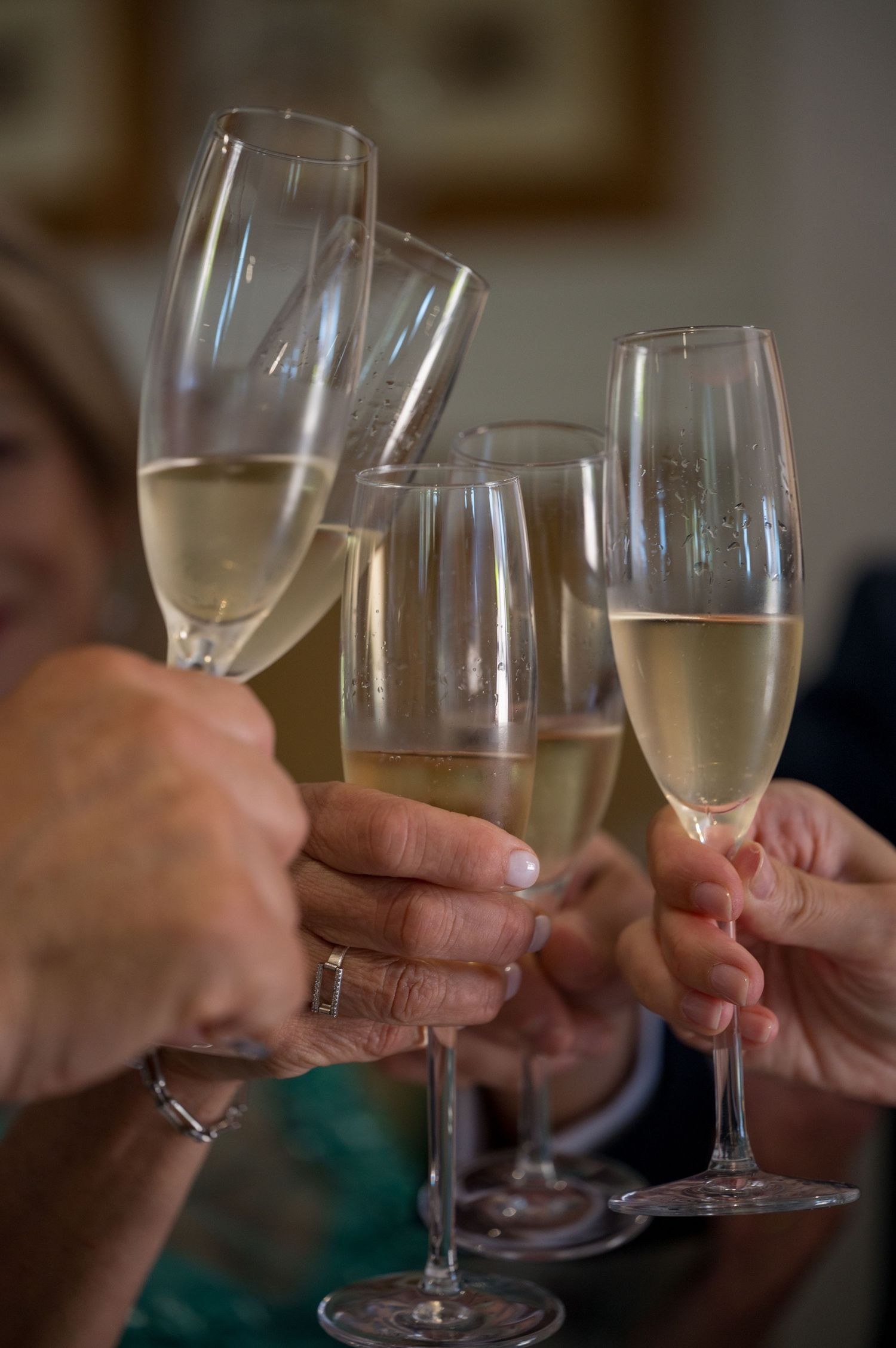 Multiple hands raise champagne glasses in a celebratory toast at a gathering.