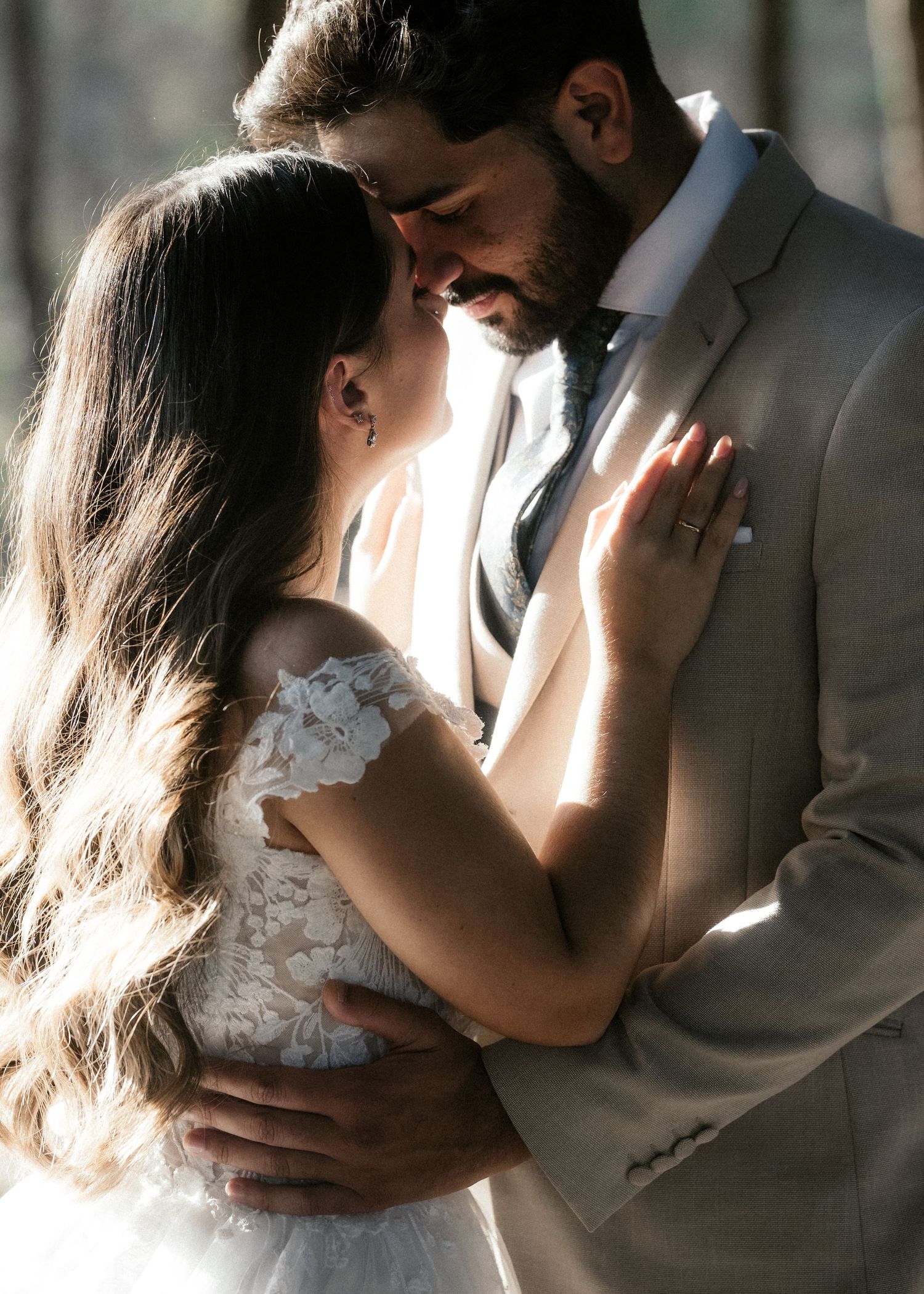 A romantic wedding photo collage shows tender moments between a couple in formal attire embracing.