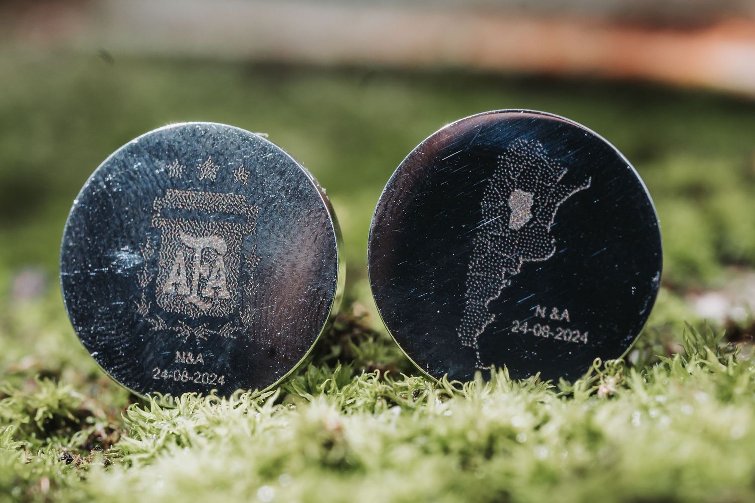 Hockey pucks lined up on mossy green grass in outdoor lighting.