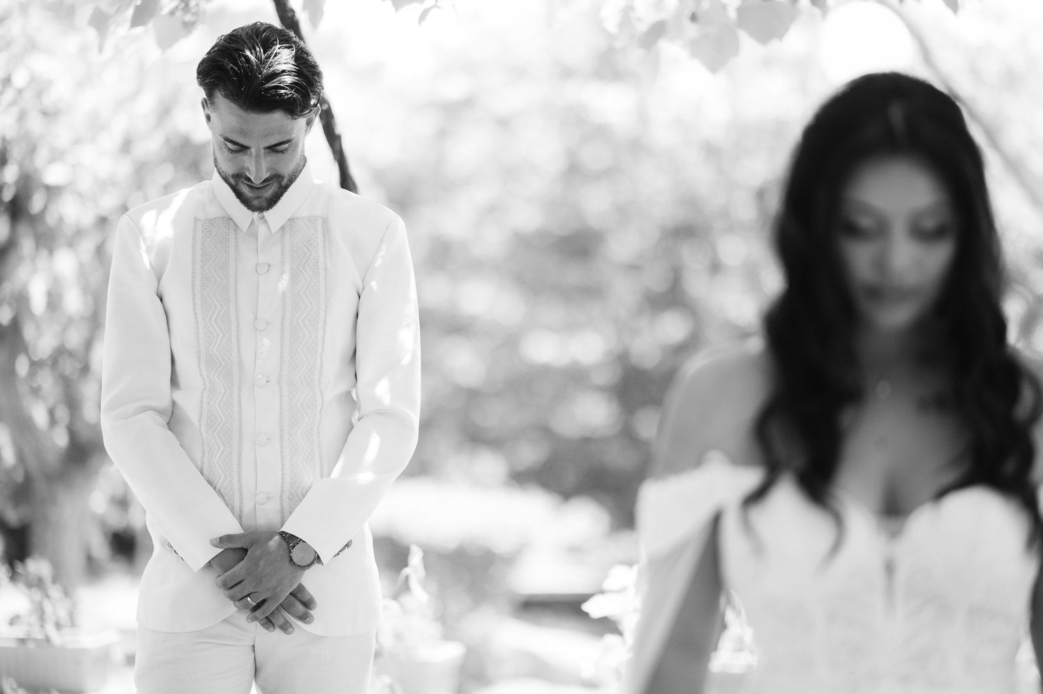 A black and white collage of wedding moments showing romantic outdoor scenes and tender interactions between couples.