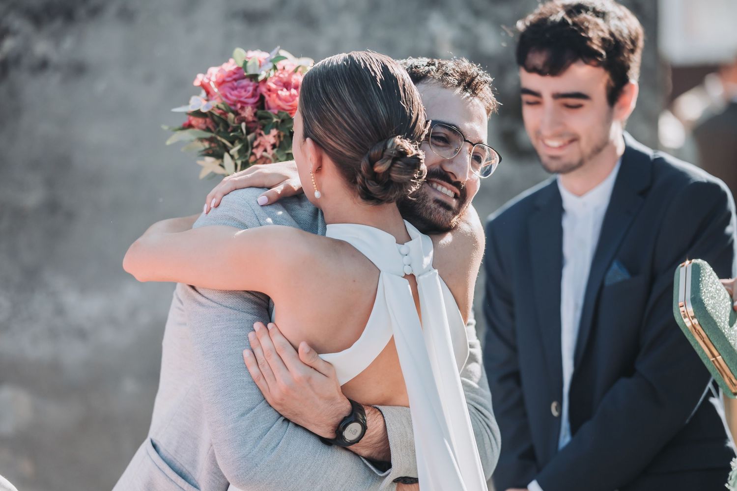 A series of wedding photos showing couples embracing and celebrating during an outdoor ceremony.