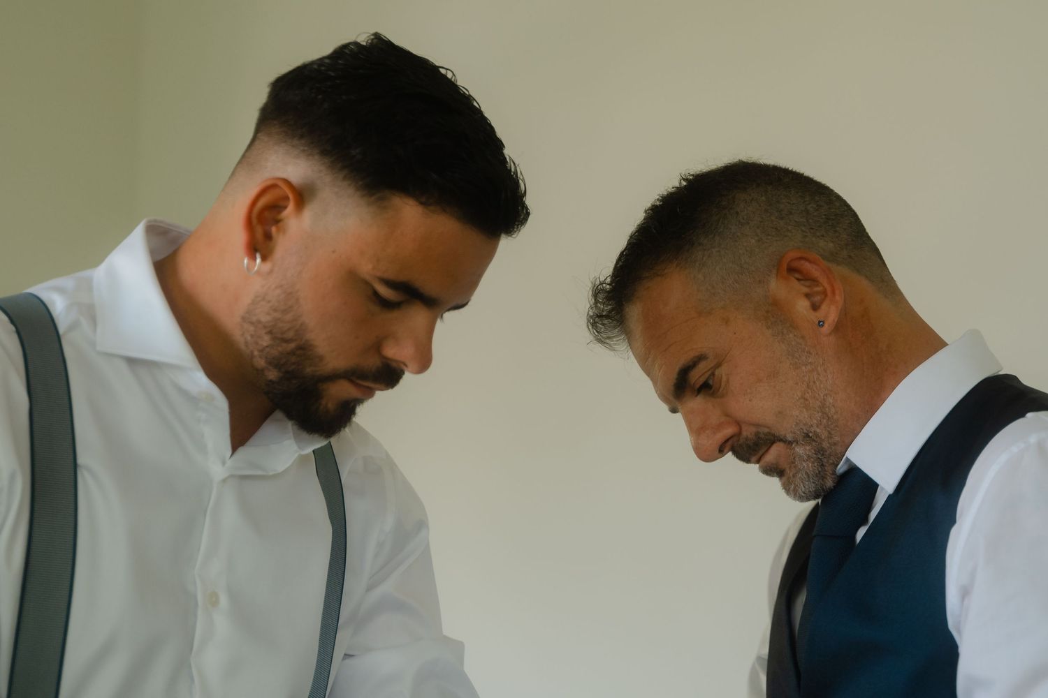 Collage of a couple embracing and sharing intimate moments during their wedding photo session in formal attire.