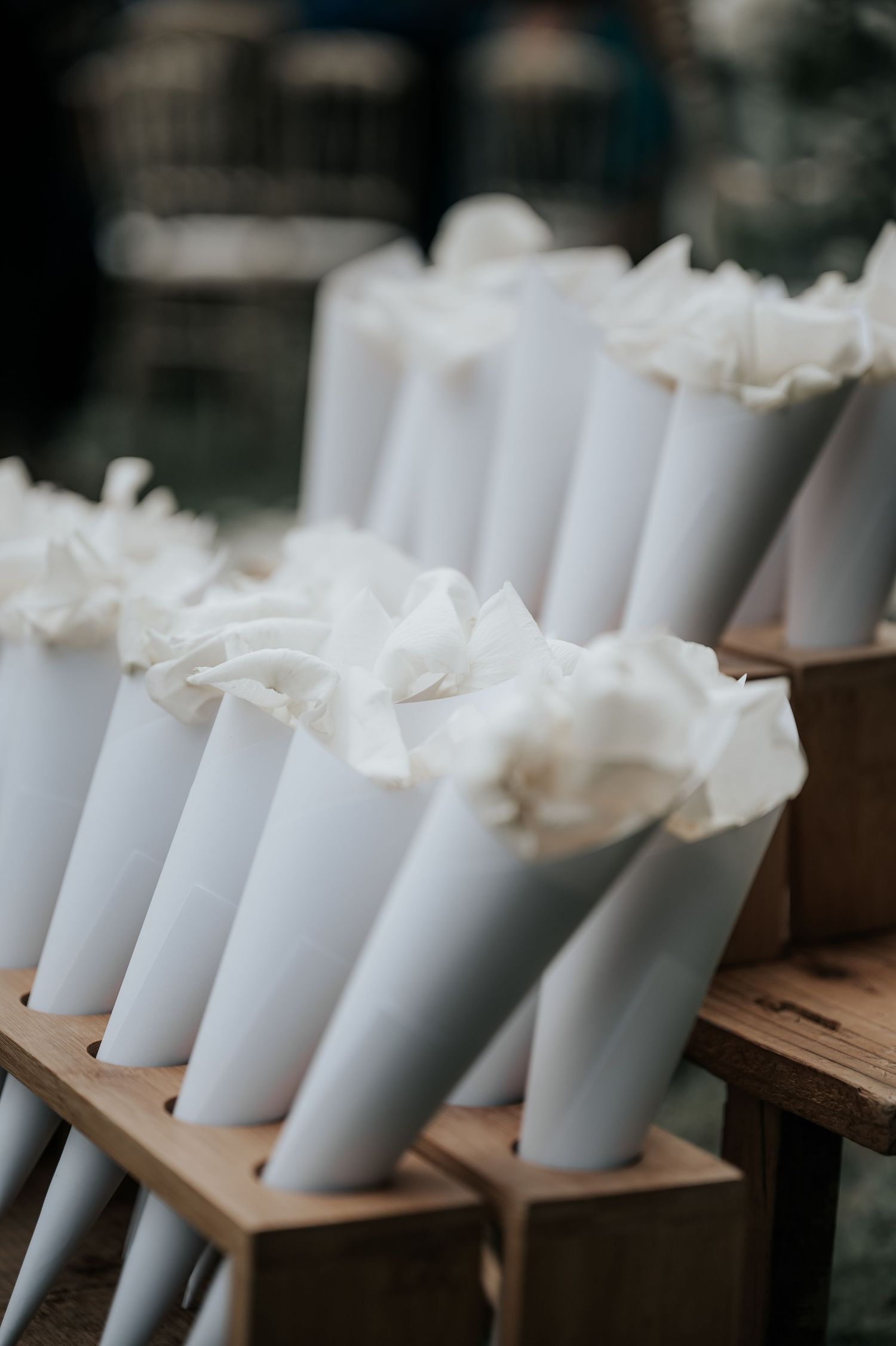 White paper cones filled with flower petals arranged in wooden holders for a wedding ceremony.