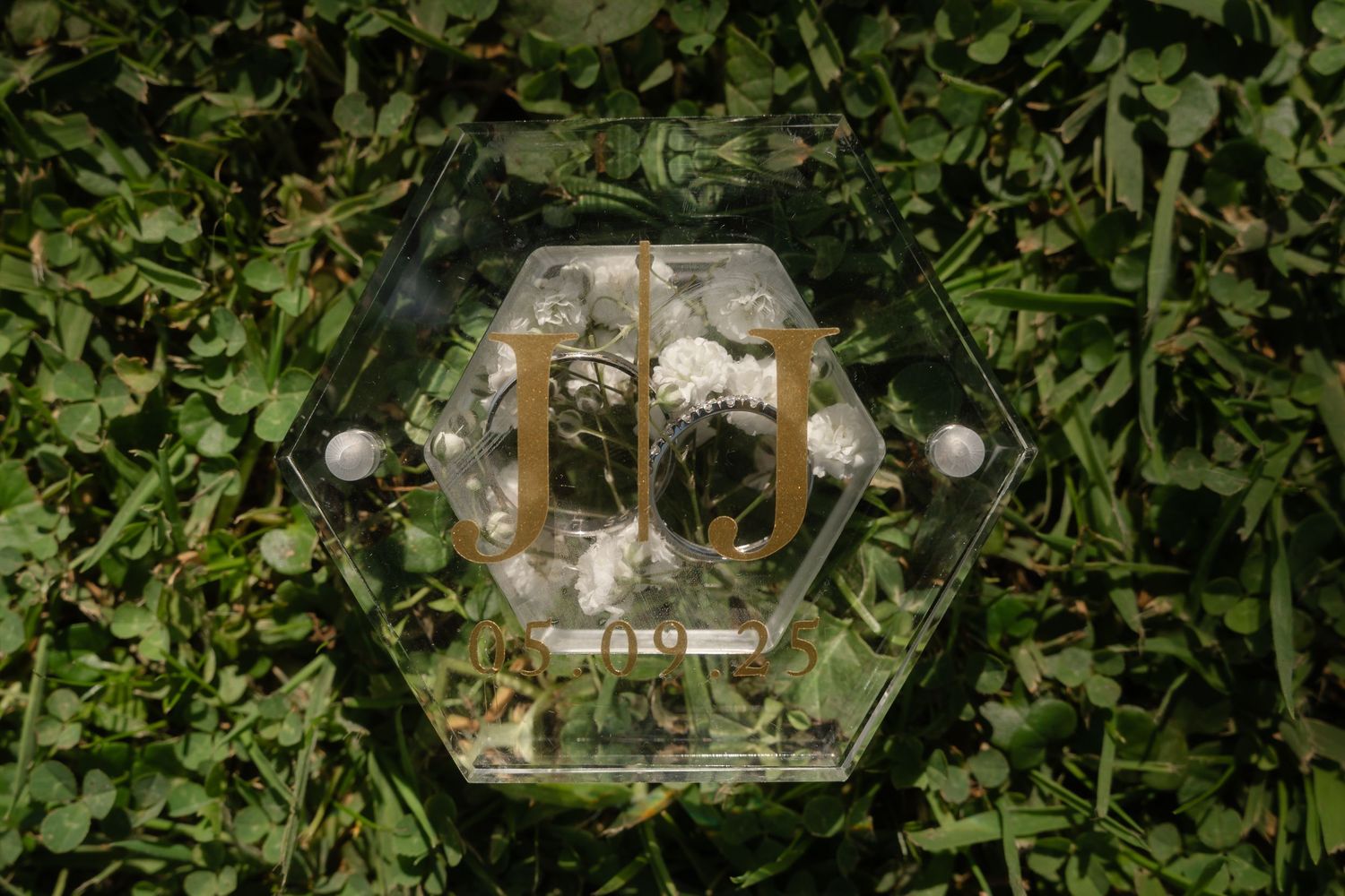Decorative glass terrarium lanterns with glowing candles hang among lush green foliage in a garden setting.