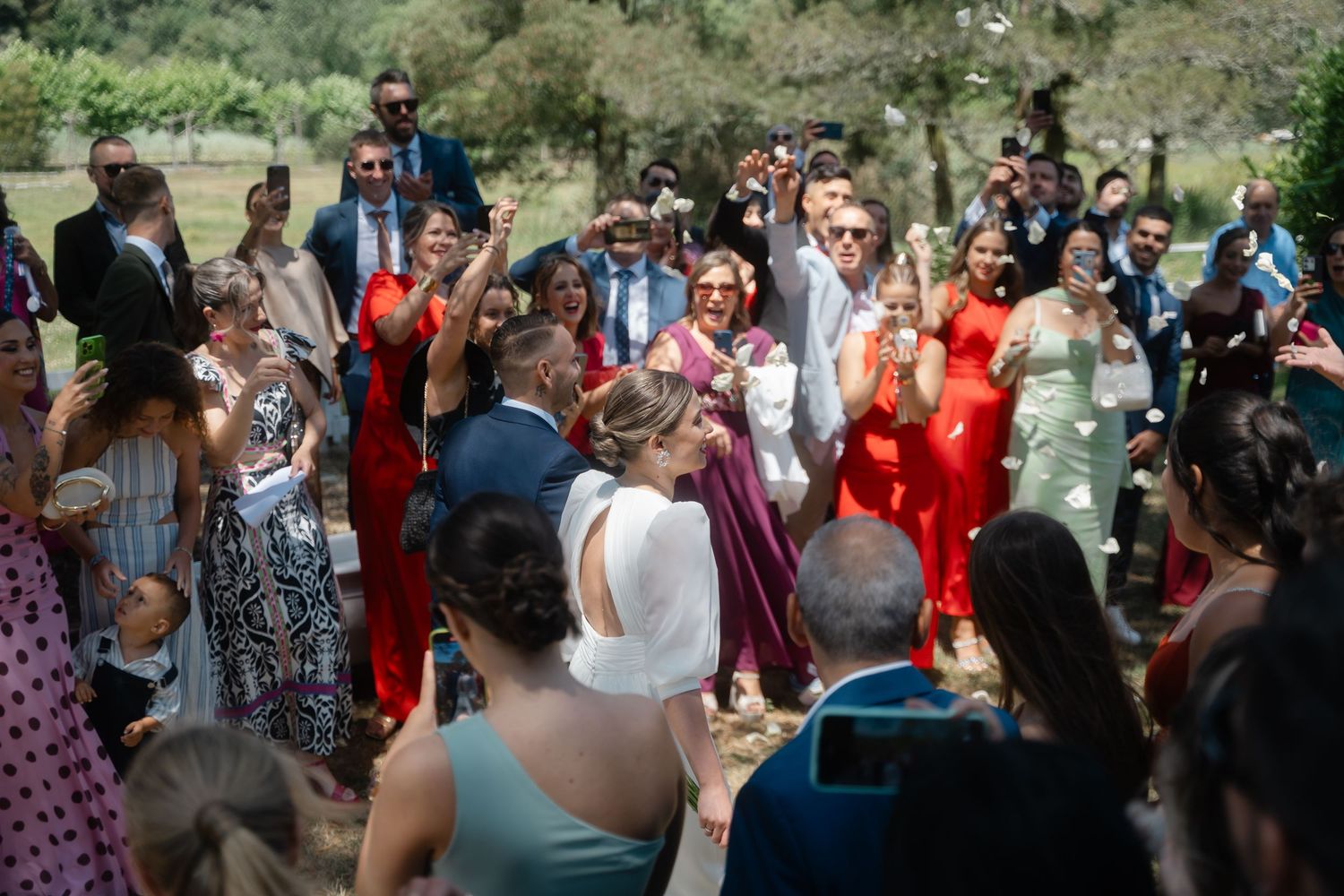 Wedding guests gathered outdoors celebrating and mingling during a summer reception.