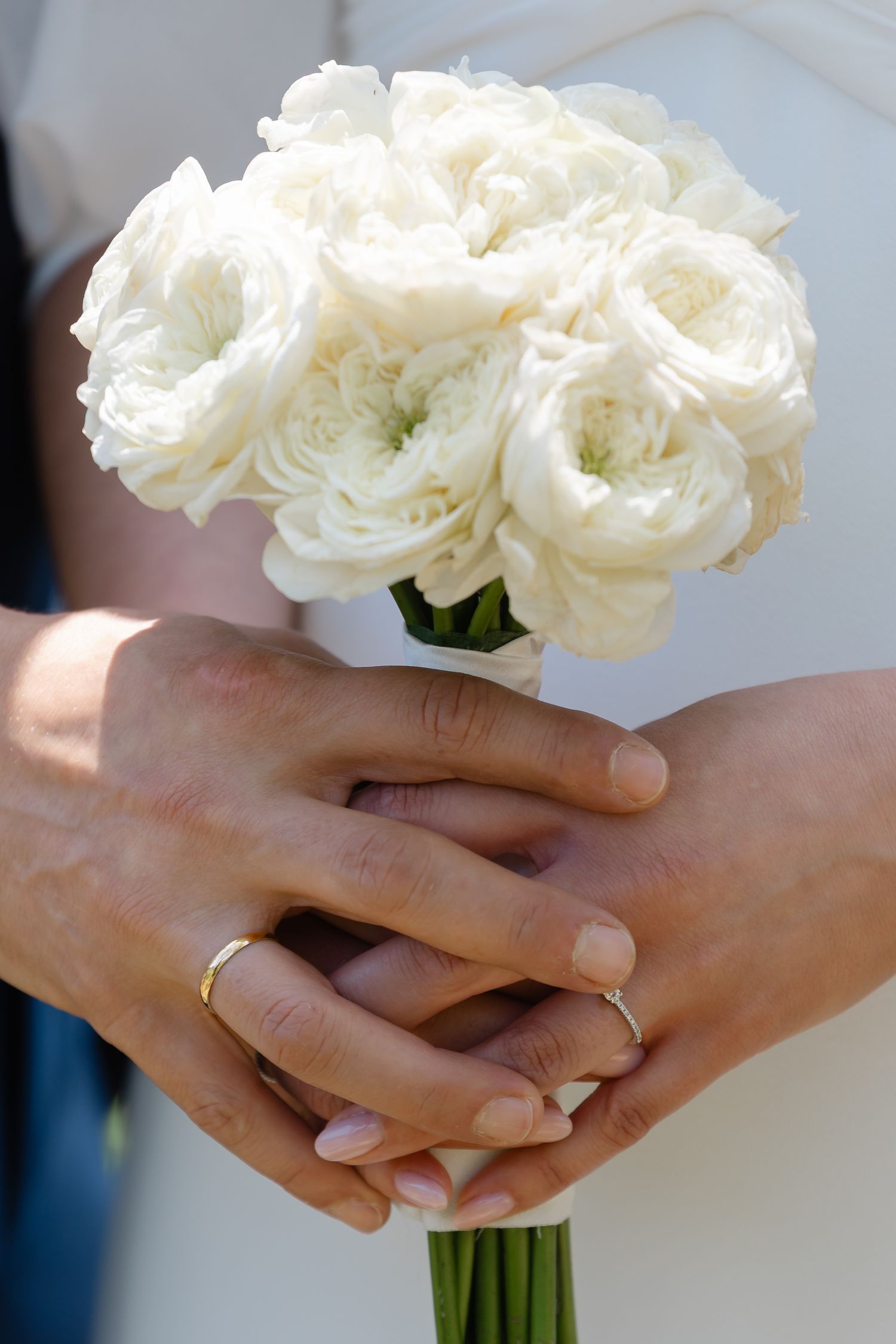 Close-up of hands holding a beautiful bouquet of white roses against a white dress background.