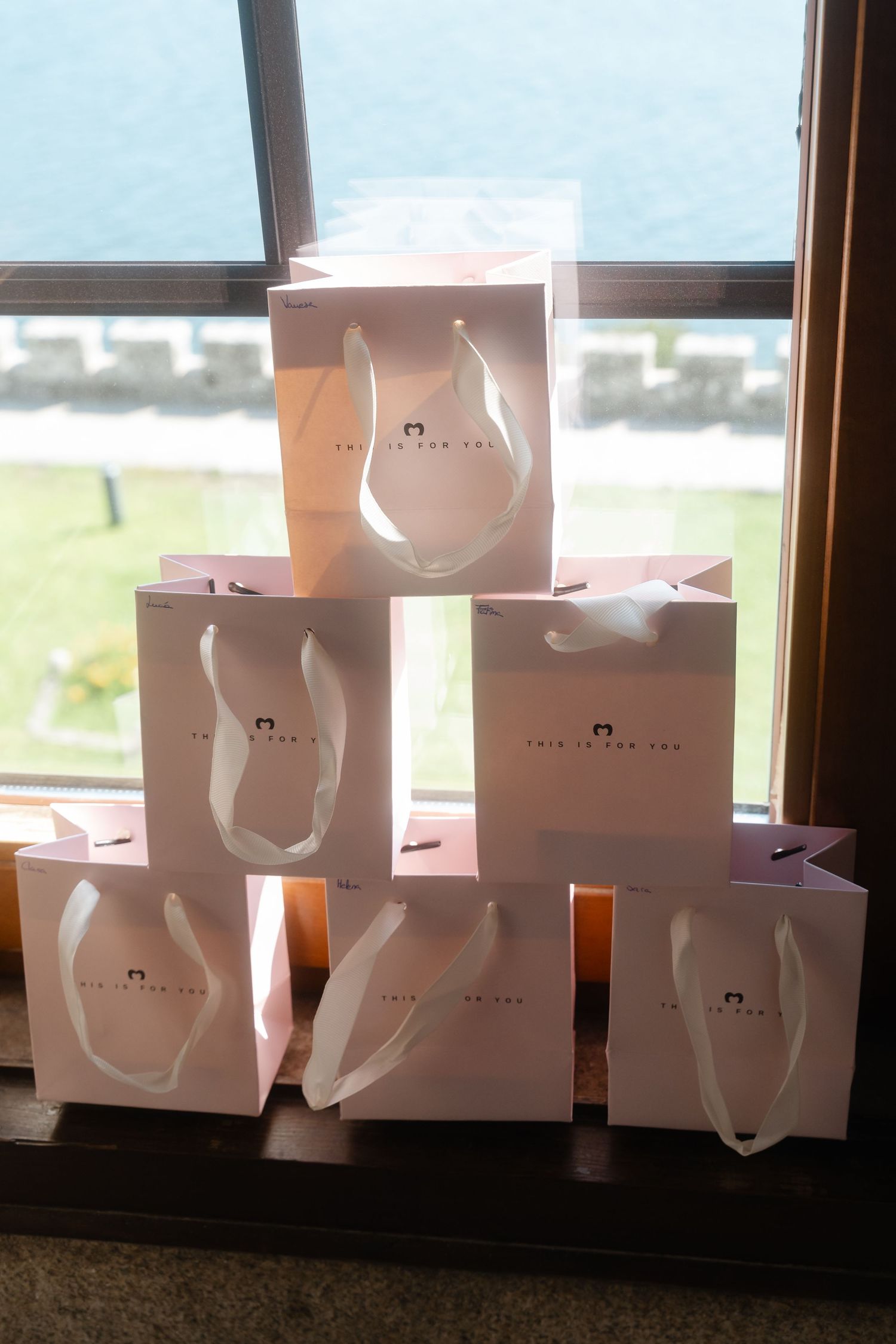 Multiple white retail shopping bags arranged in a row along a windowsill with natural light streaming in.