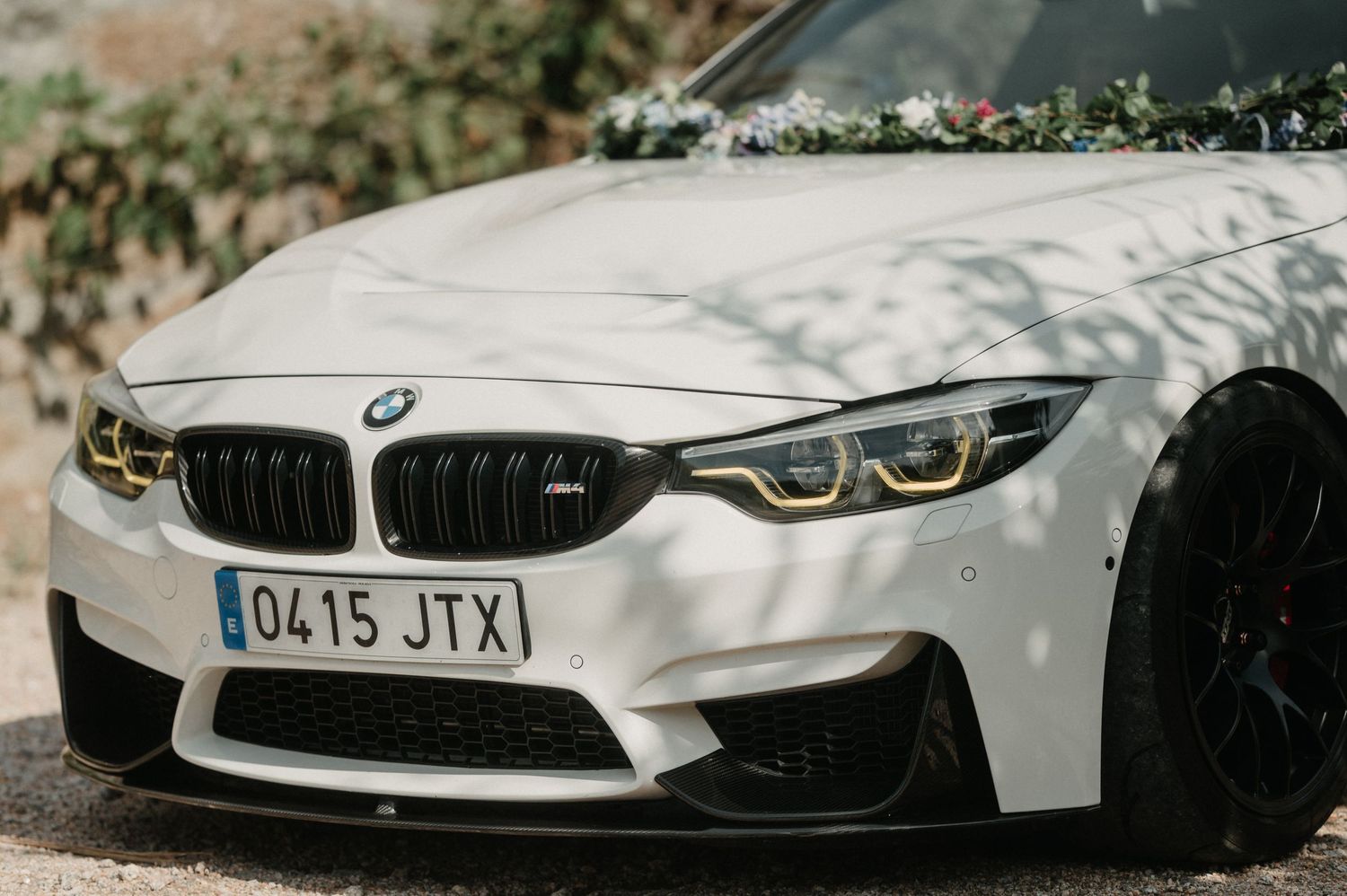 Close-up view of a white BMW M4's aggressive front end design and signature kidney grilles.