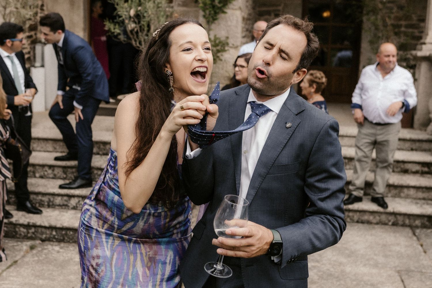 A couple shares joyful moments in a romantic outdoor photo collage.