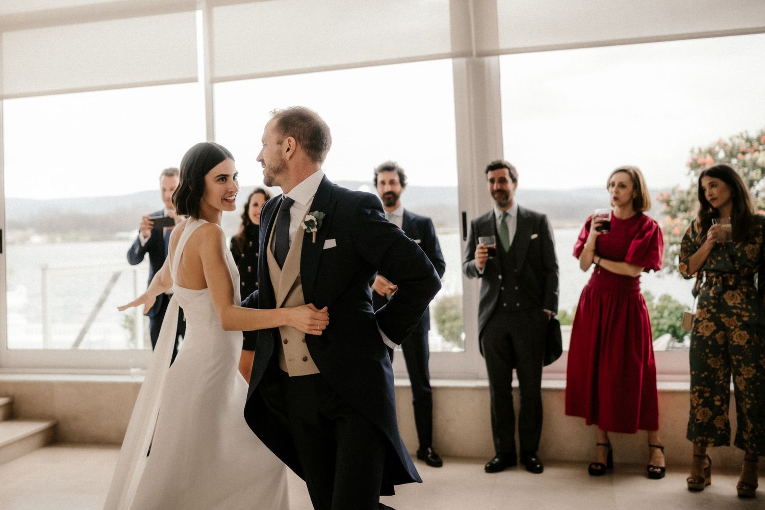 A sequence of wedding celebration moments showing couples dancing and guests enjoying the reception festivities.