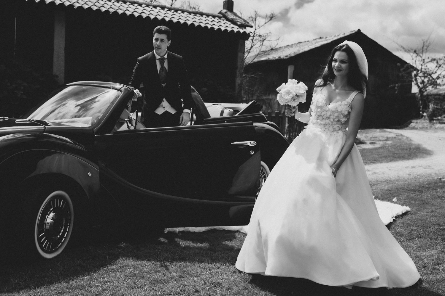 A black and white vintage wedding photo collage showing a classic car, formal attire, and outdoor ceremony moments.
