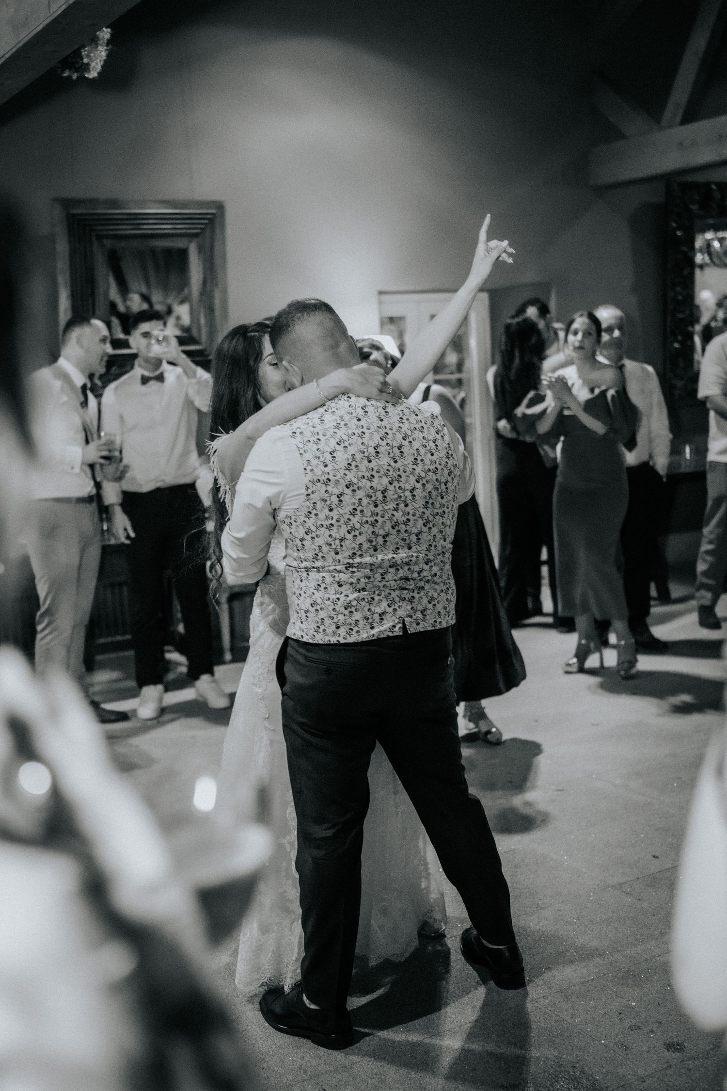 Black and white photos show couples dancing together at a vintage social gathering.