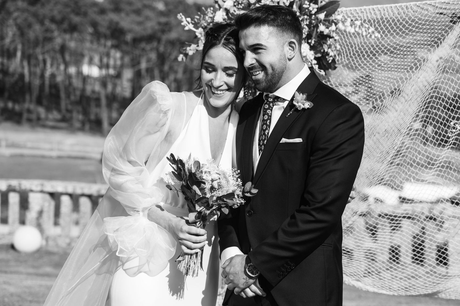 A collection of candid wedding moments showing joyful couples outdoors with flowing veils and natural lighting.
