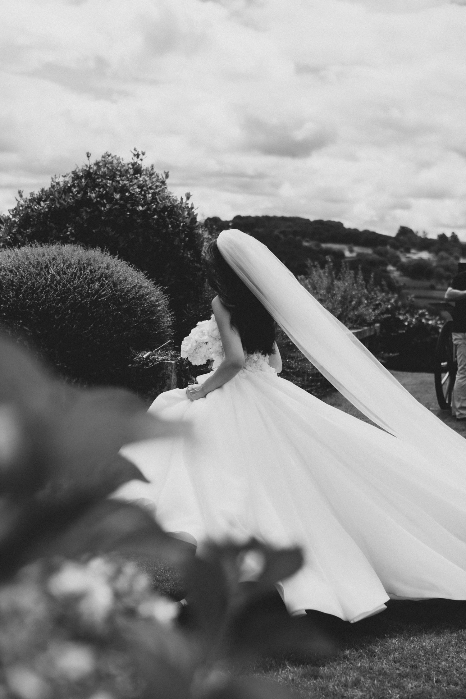 A flowing white wedding veil billows dramatically in the wind across a black and white landscape.