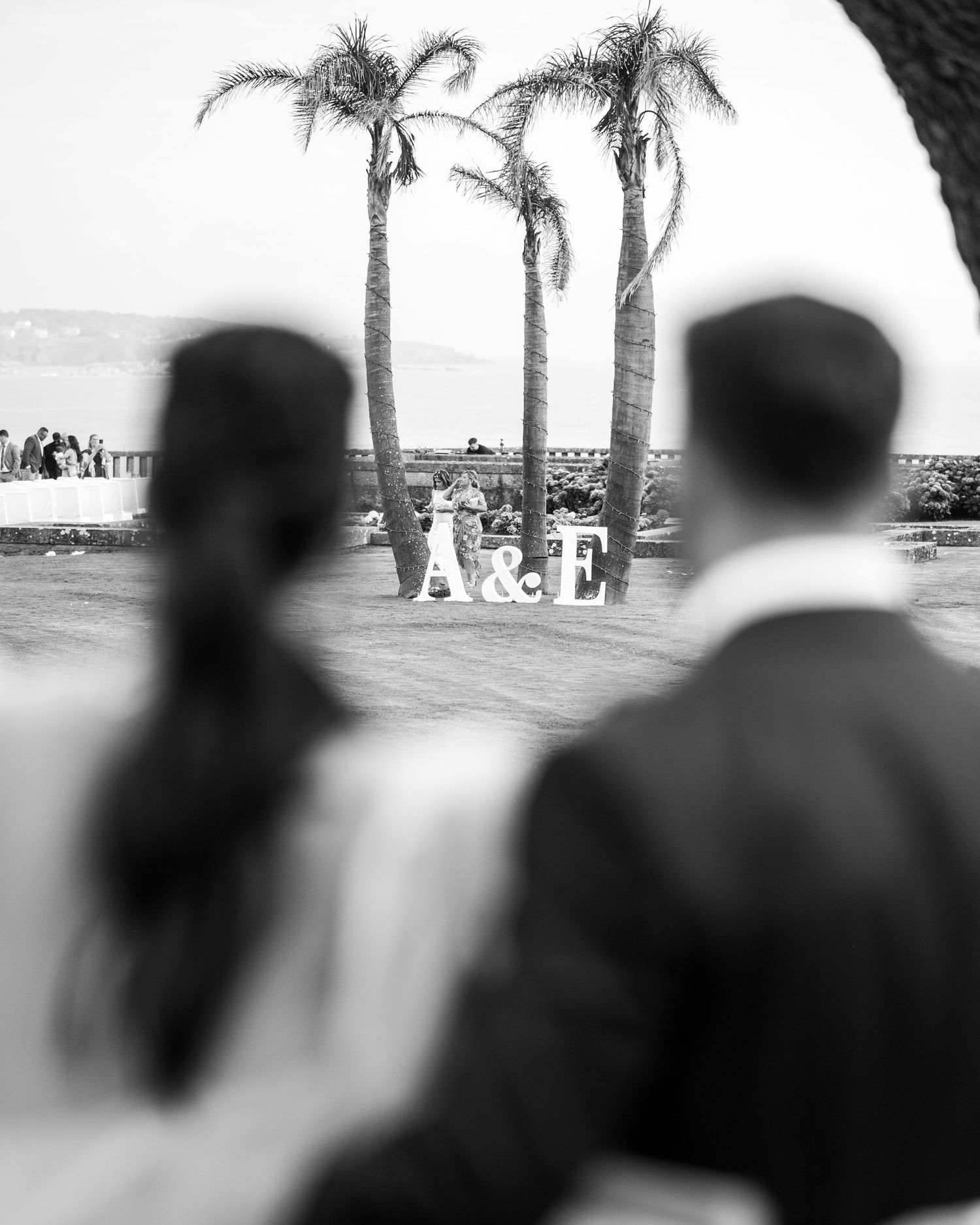 A black and white wedding photo showing palm trees and decorative letters against a coastal backdrop.