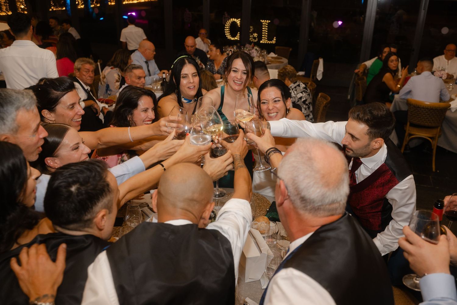 Wedding guests raise their glasses in a celebratory toast during a lively reception.