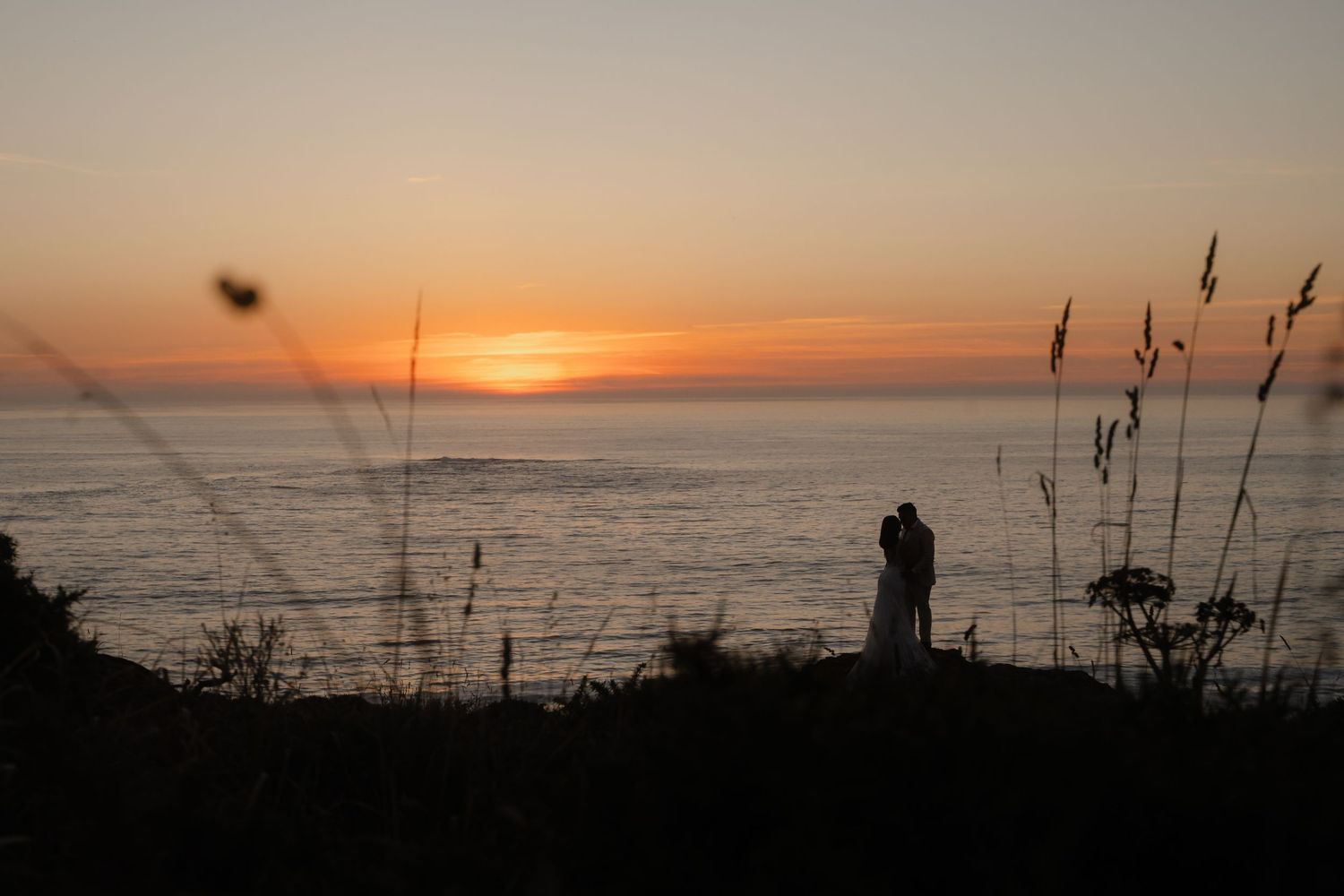 Silhouetted coastal landscape at sunset with ocean horizon and tall grass in foreground.