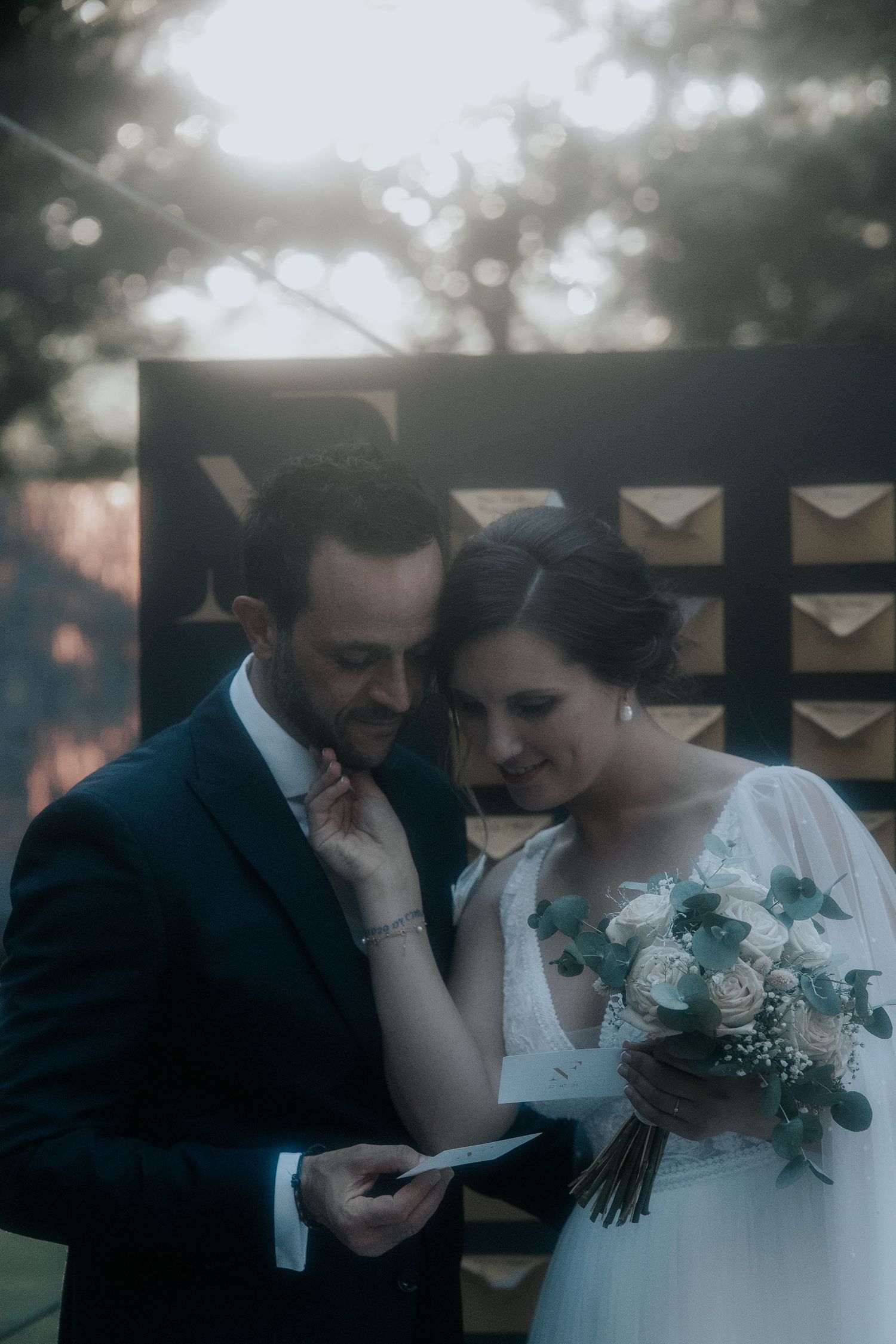 A romantic wedding photo series showing tender moments between a couple in formal attire with a floral bouquet.