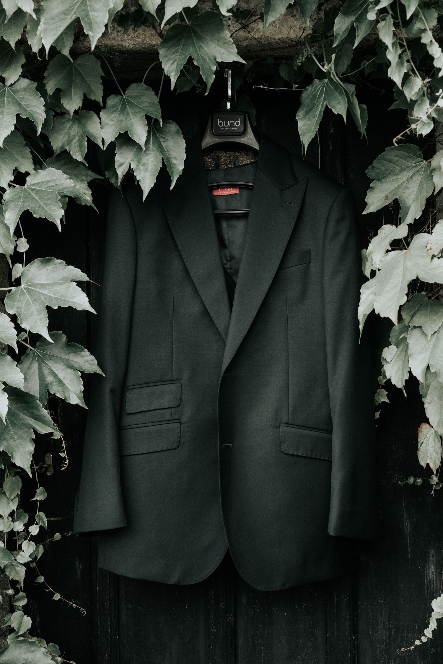 Black formal suit jackets hanging against a dark wall with green ivy leaves creating a dramatic contrast.